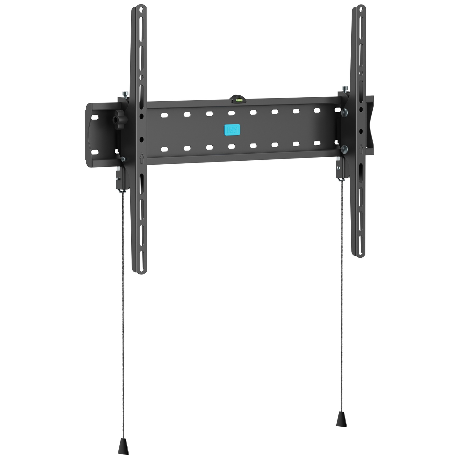 Black TV wall mount with a spirit level and two cords with handles.