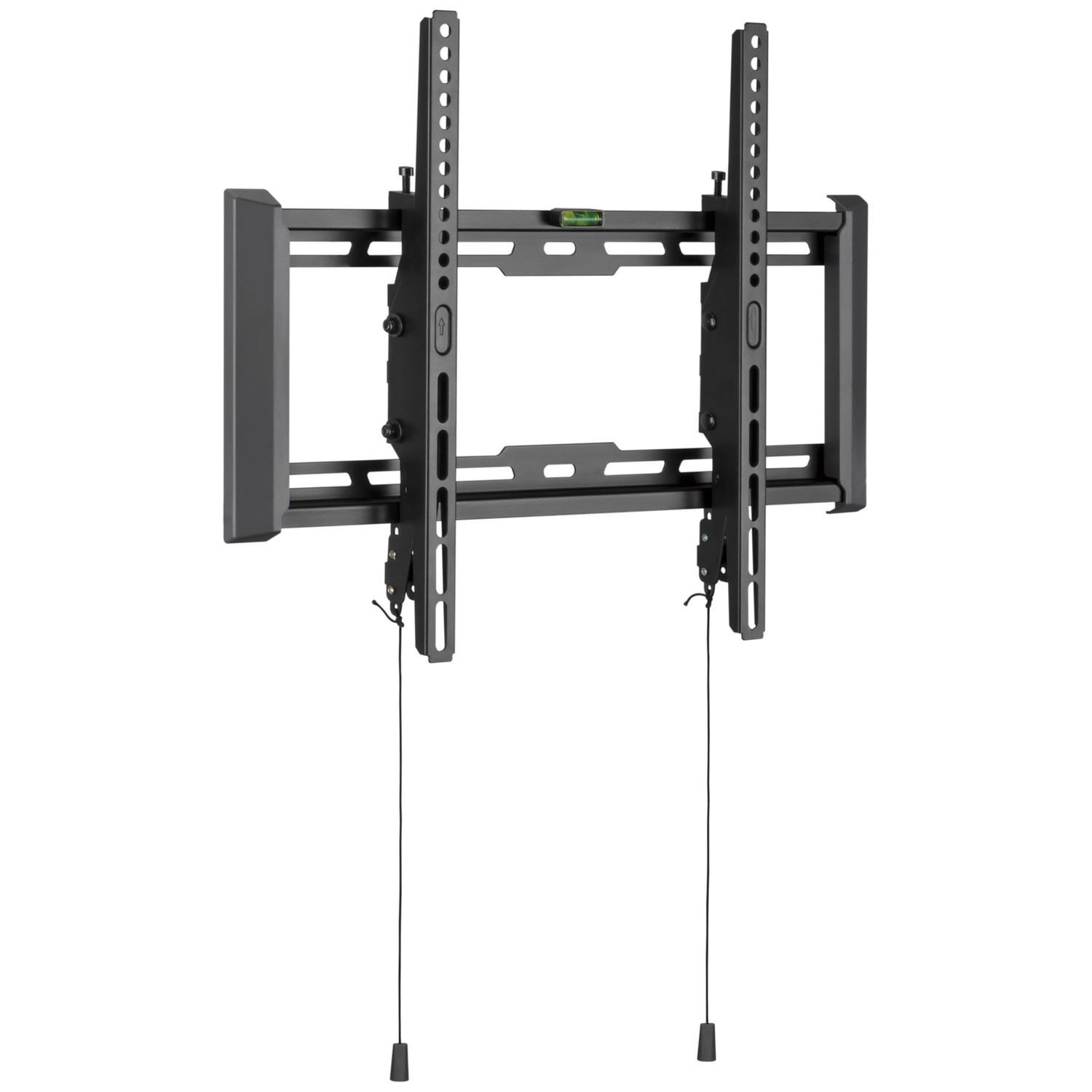 Black TV wall mount with a bubble level and pull cords.