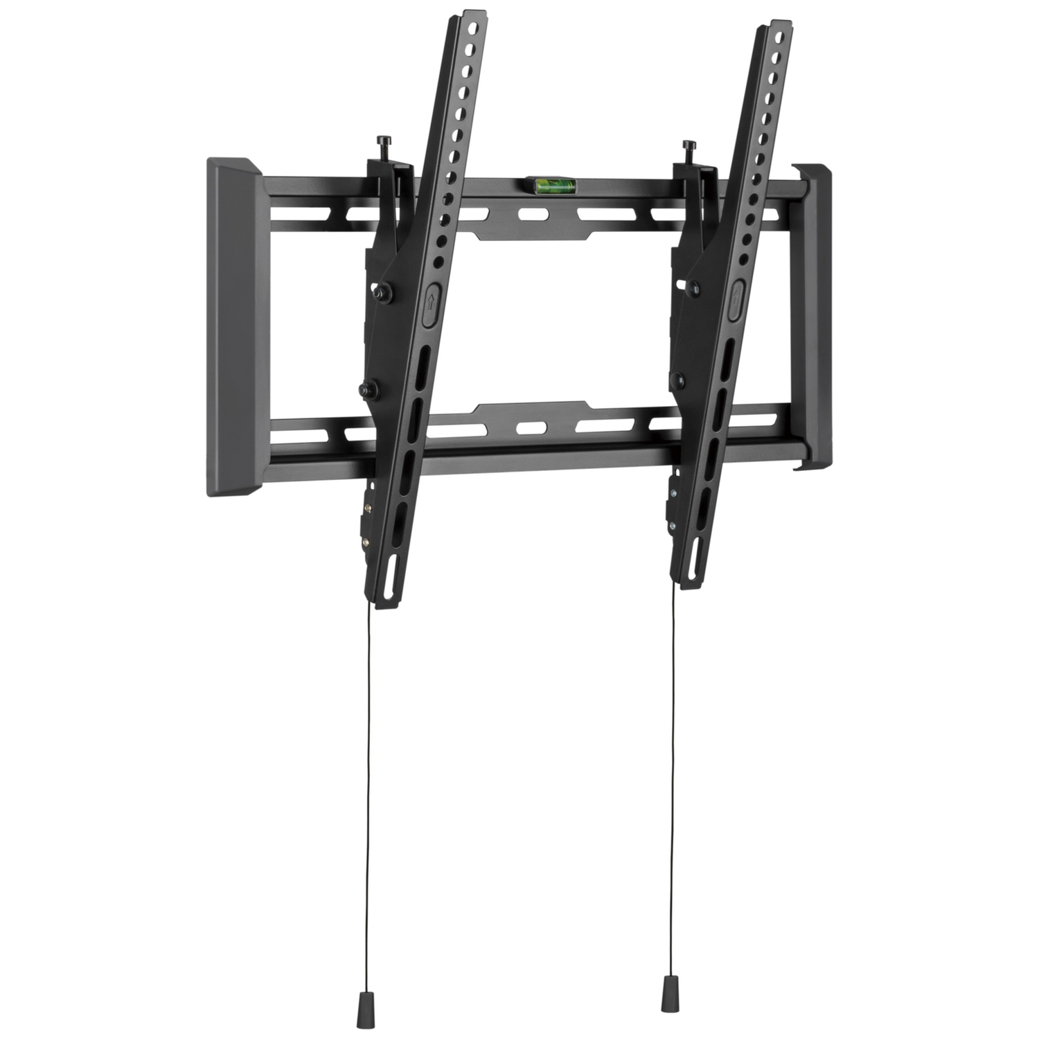 Black wall mount for TV with a level and release cords.