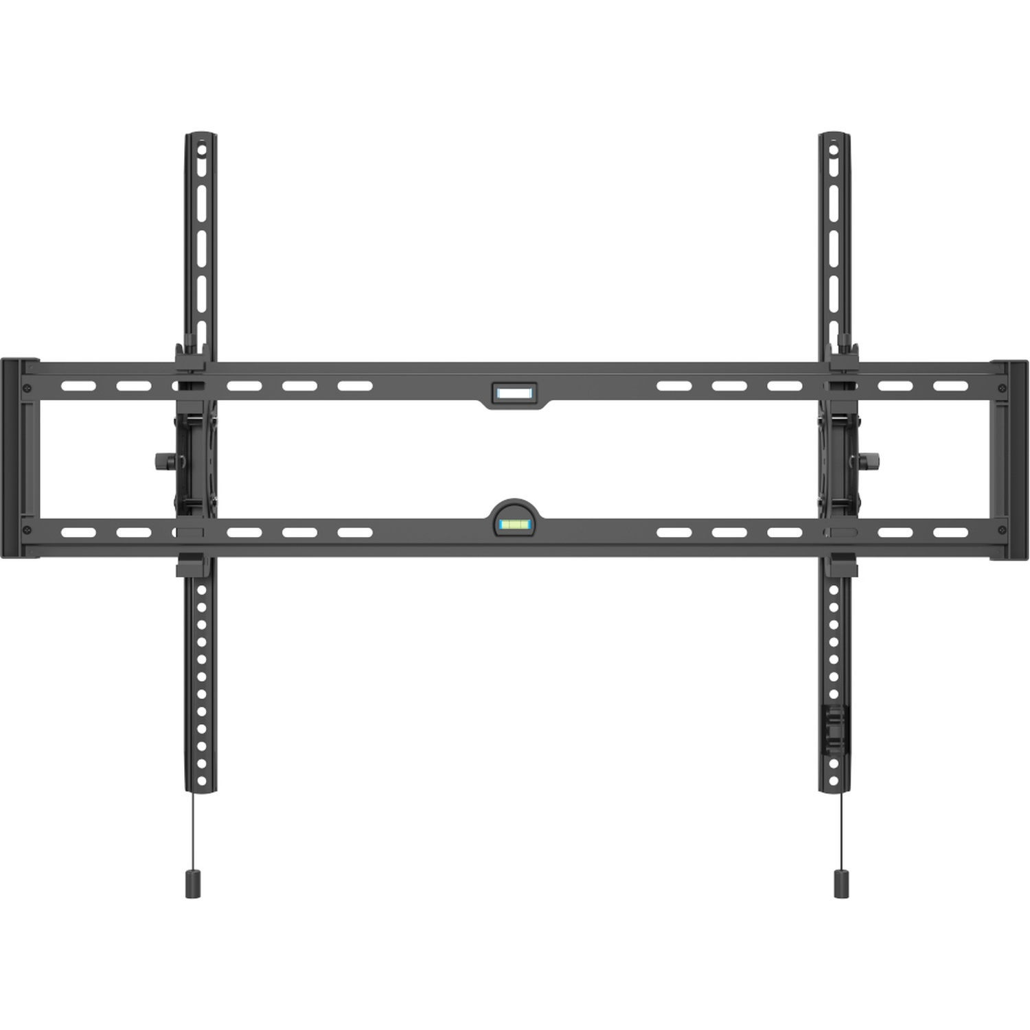 A black adjustable TV wall mount with a built-in level.