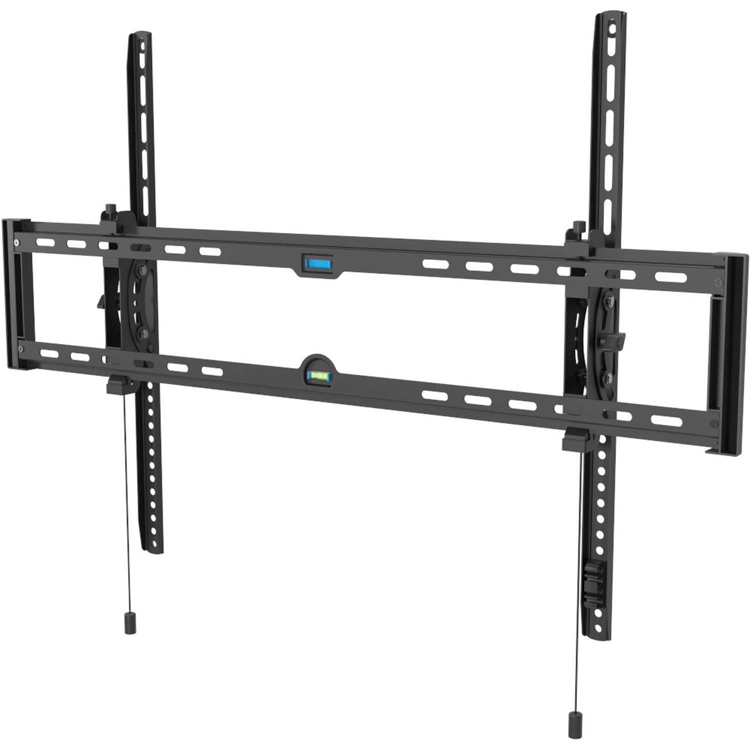 Black TV wall mount with built-in levels, adjustable arms, and hanging cables.