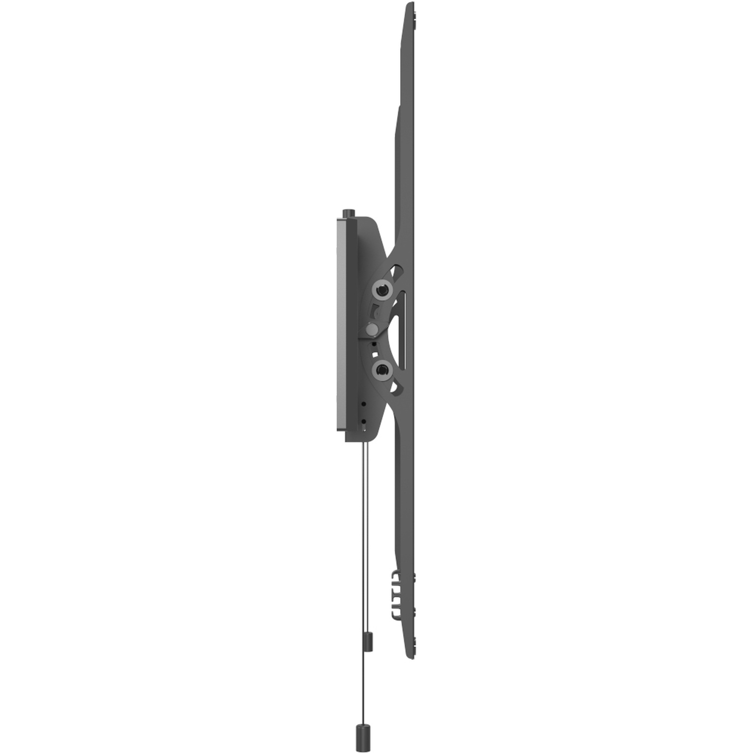 Gray TV wall mount in profile with cables and weights.