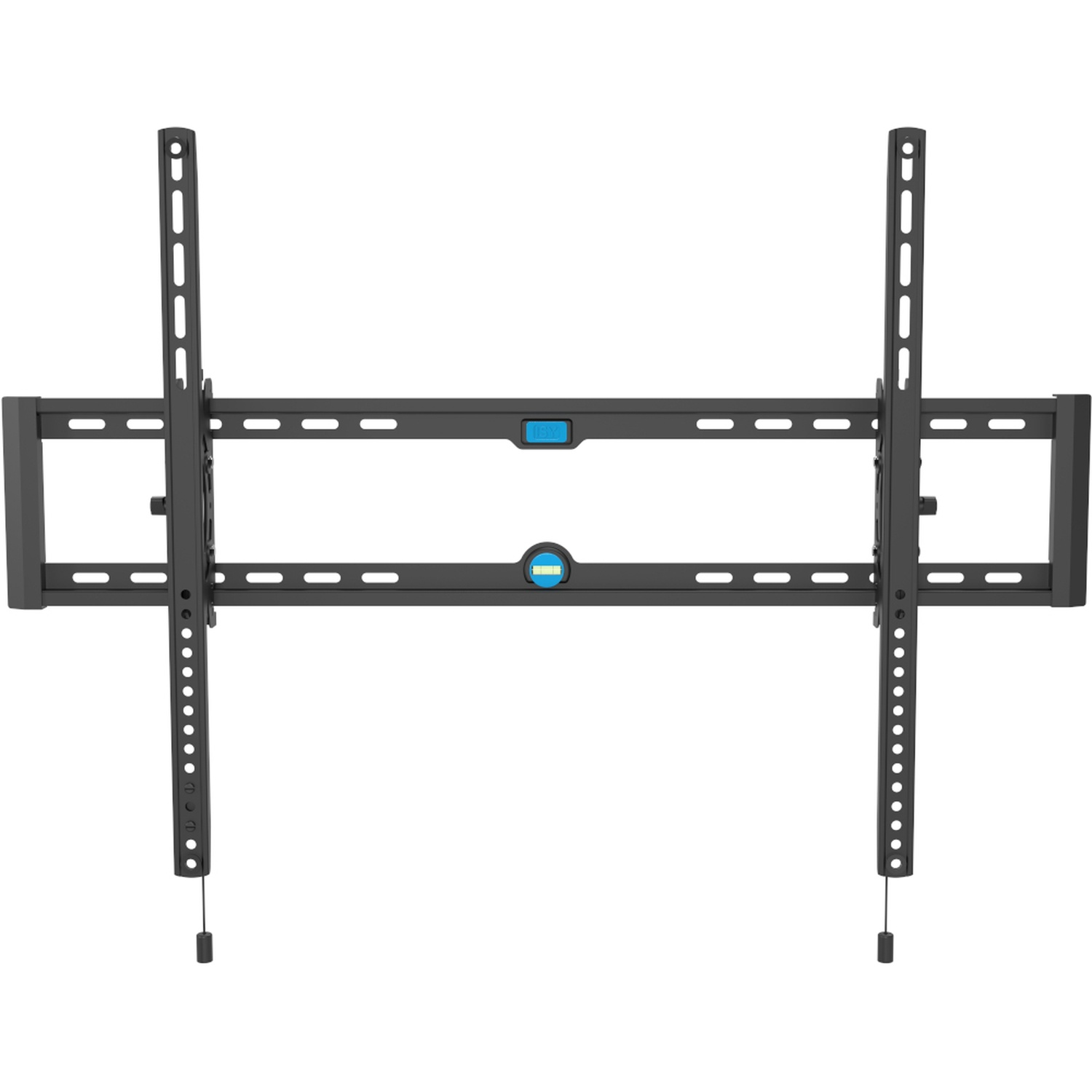 Black TV wall mount with adjustable arms and a built-in level.