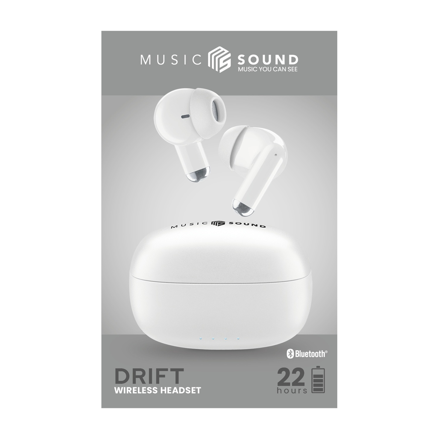 Auricolari wireless bianchi e custodia di ricarica con simbolo Bluetooth e 22 ore di batteria.