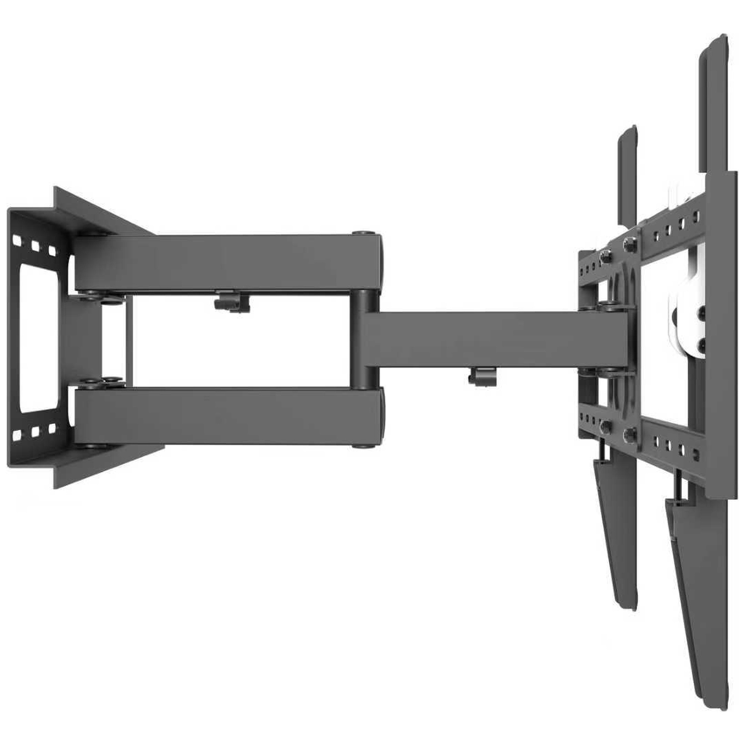 Black swivel TV wall mount with extending arm and VESA plates.