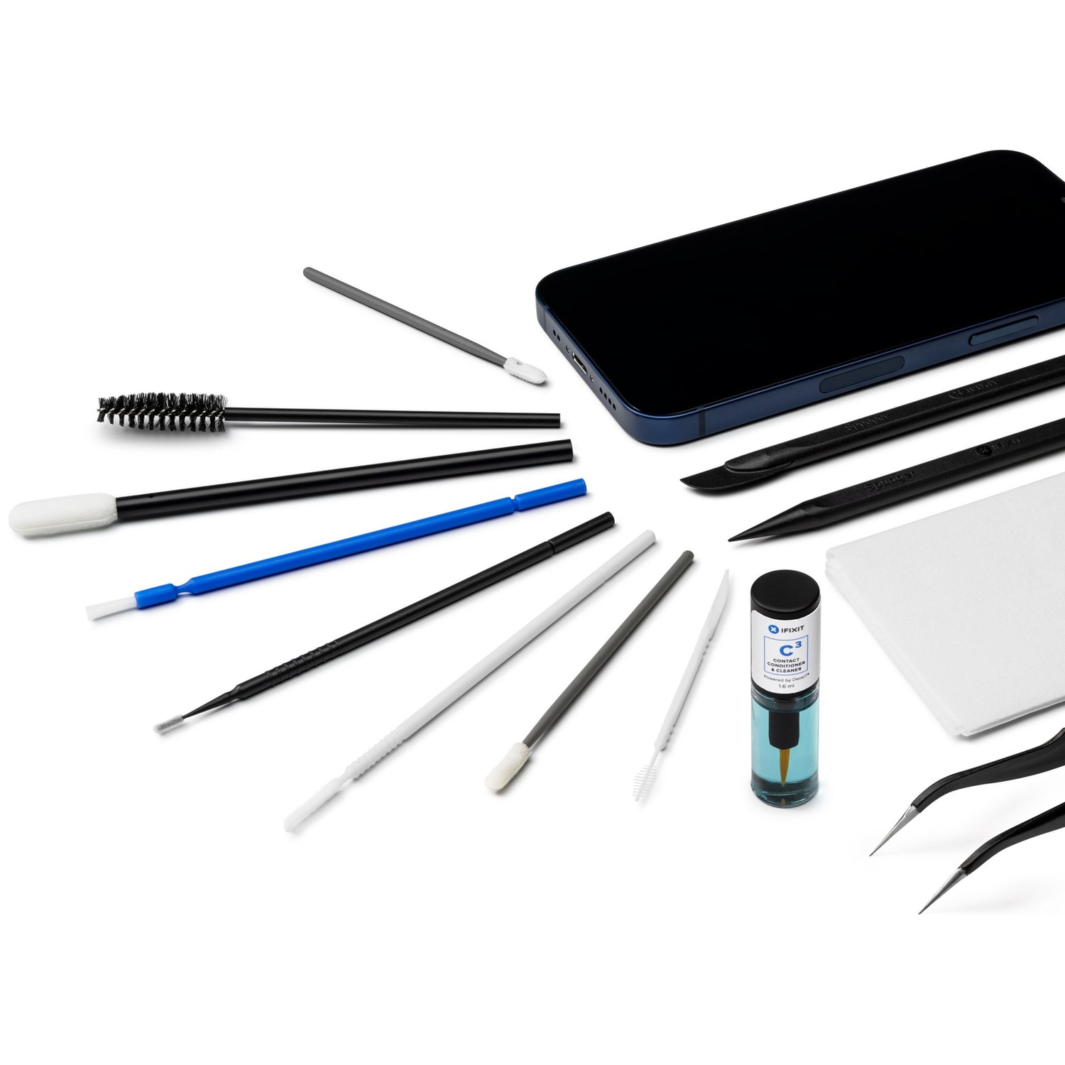 A smartphone with cleaning tools, tweezers, and cleaner.