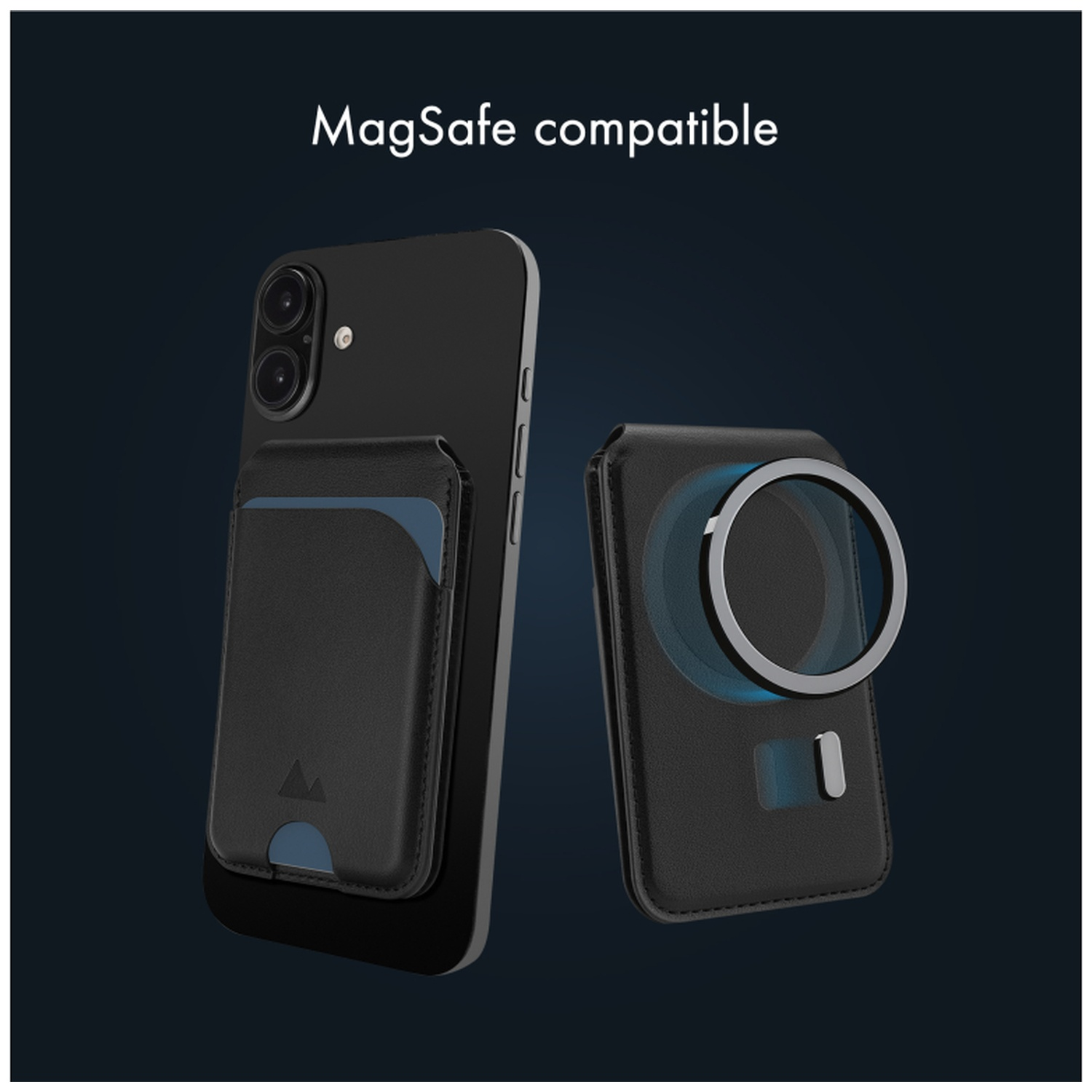 Zwarte iPhone met MagSafe-compatibele kaarthouderhoes en oplaadhoes.