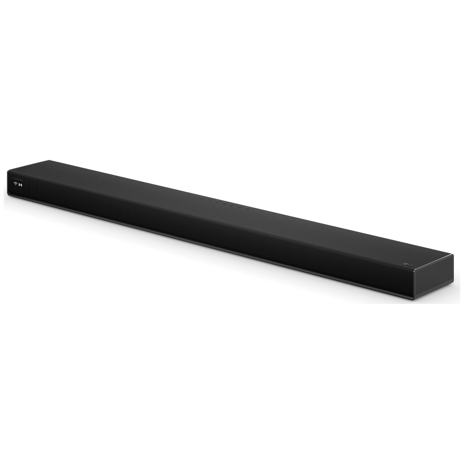 Black rectangular soundbar with a grille front and buttons on top.