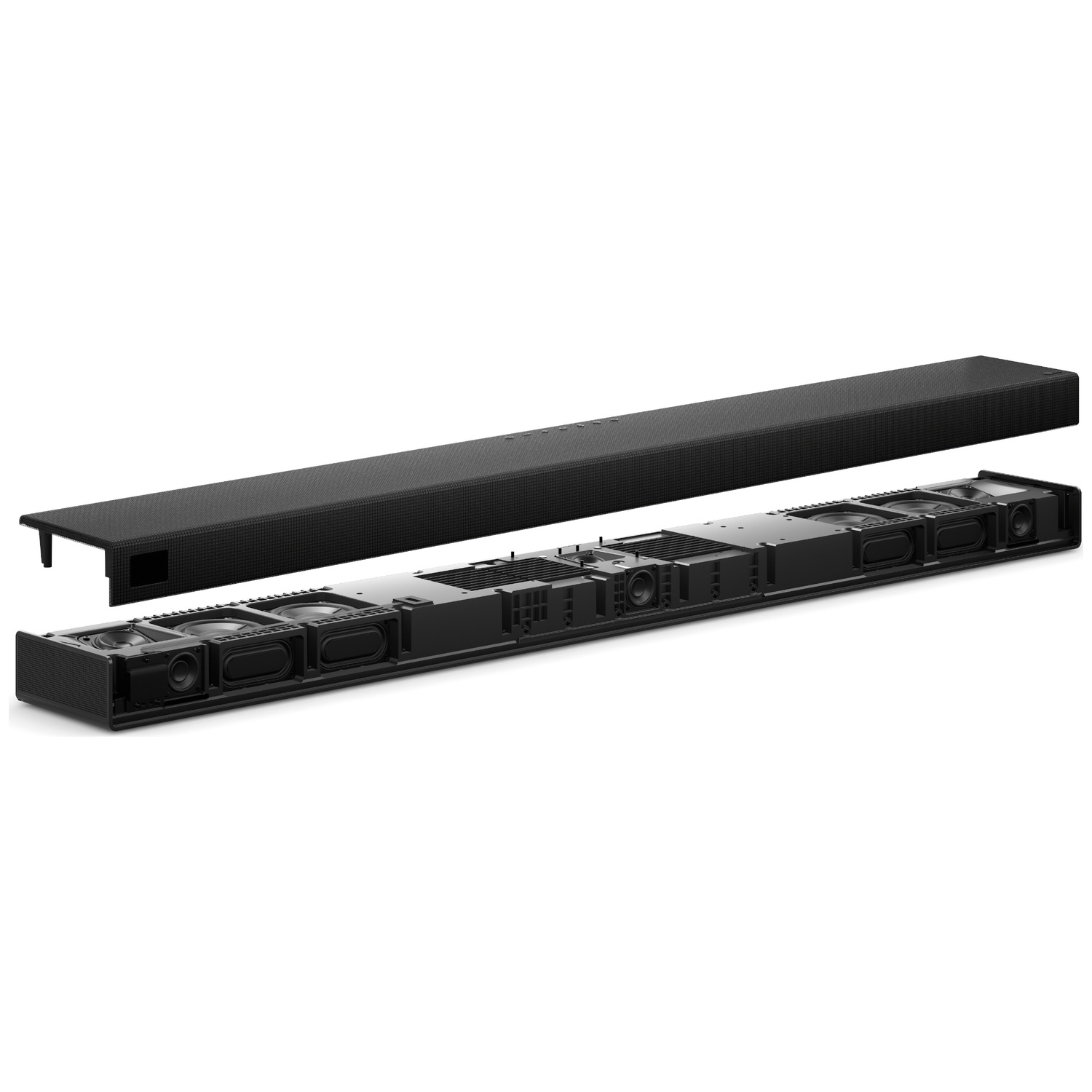 A black soundbar disassembled to show its internal components, with the top grill removed.