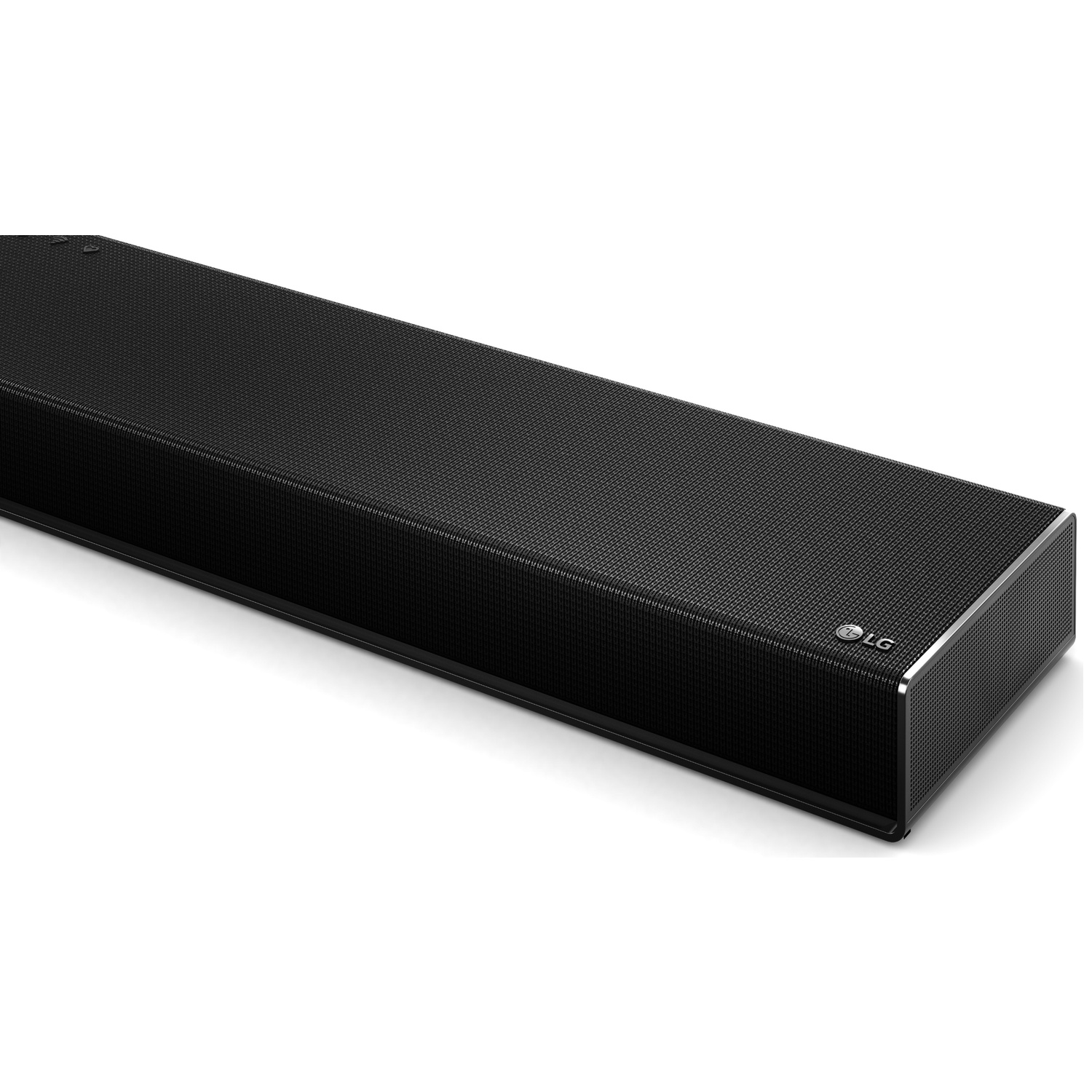 Black LG soundbar on a white background, focusing on the grille pattern.