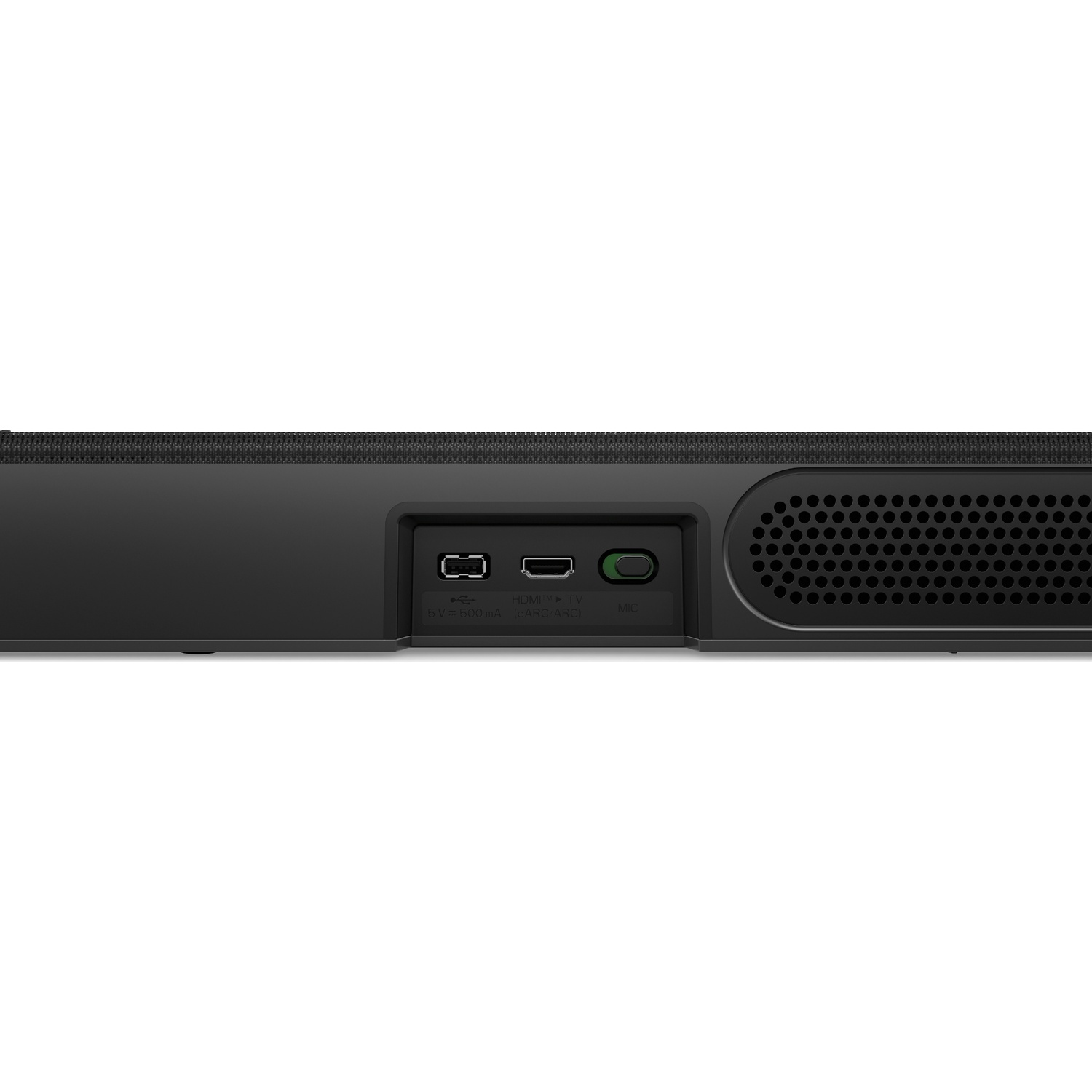 A black soundbar connection area with USB, HDMI, and MIC ports.