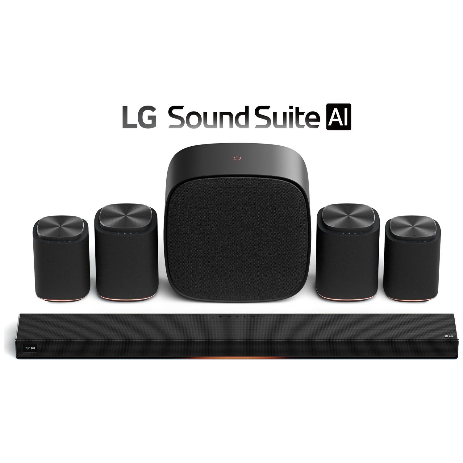 LG Sound Suite AI: Black soundbar and four satellite speakers with copper accents.