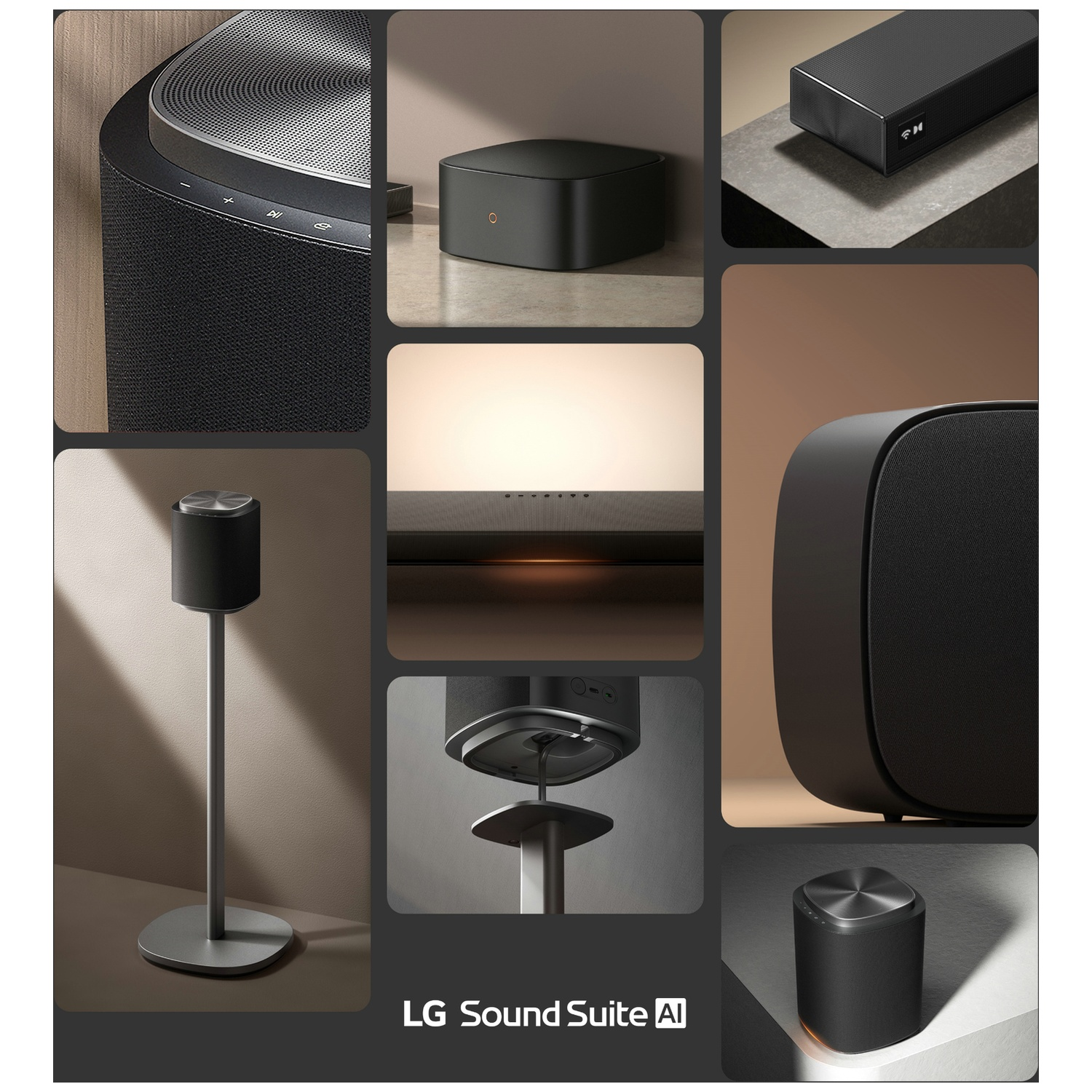 Collage of LG Sound Suite AI devices: speakers, soundbars, and subwoofers.
