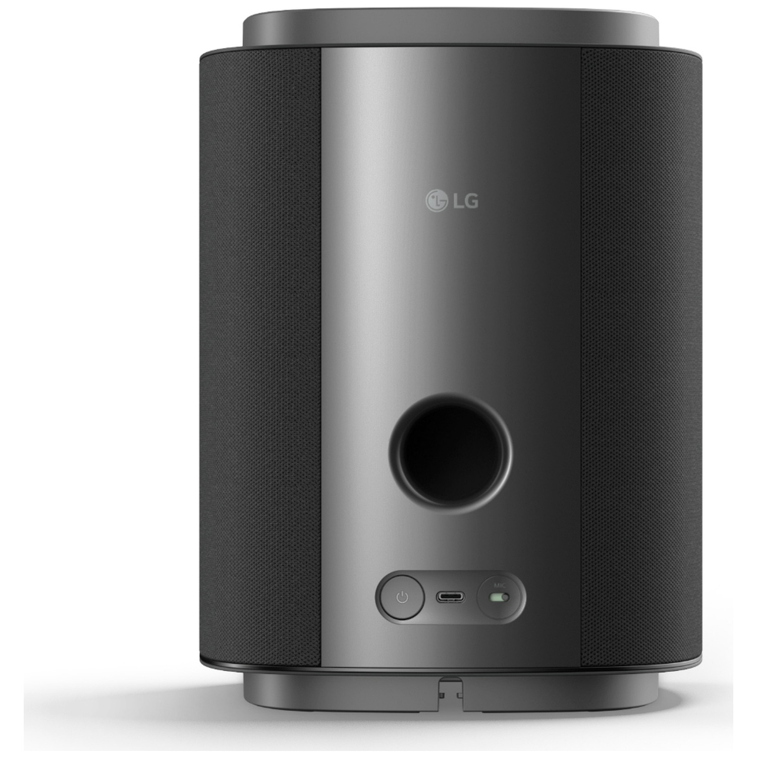 Black LG speaker with a silver center and control buttons.