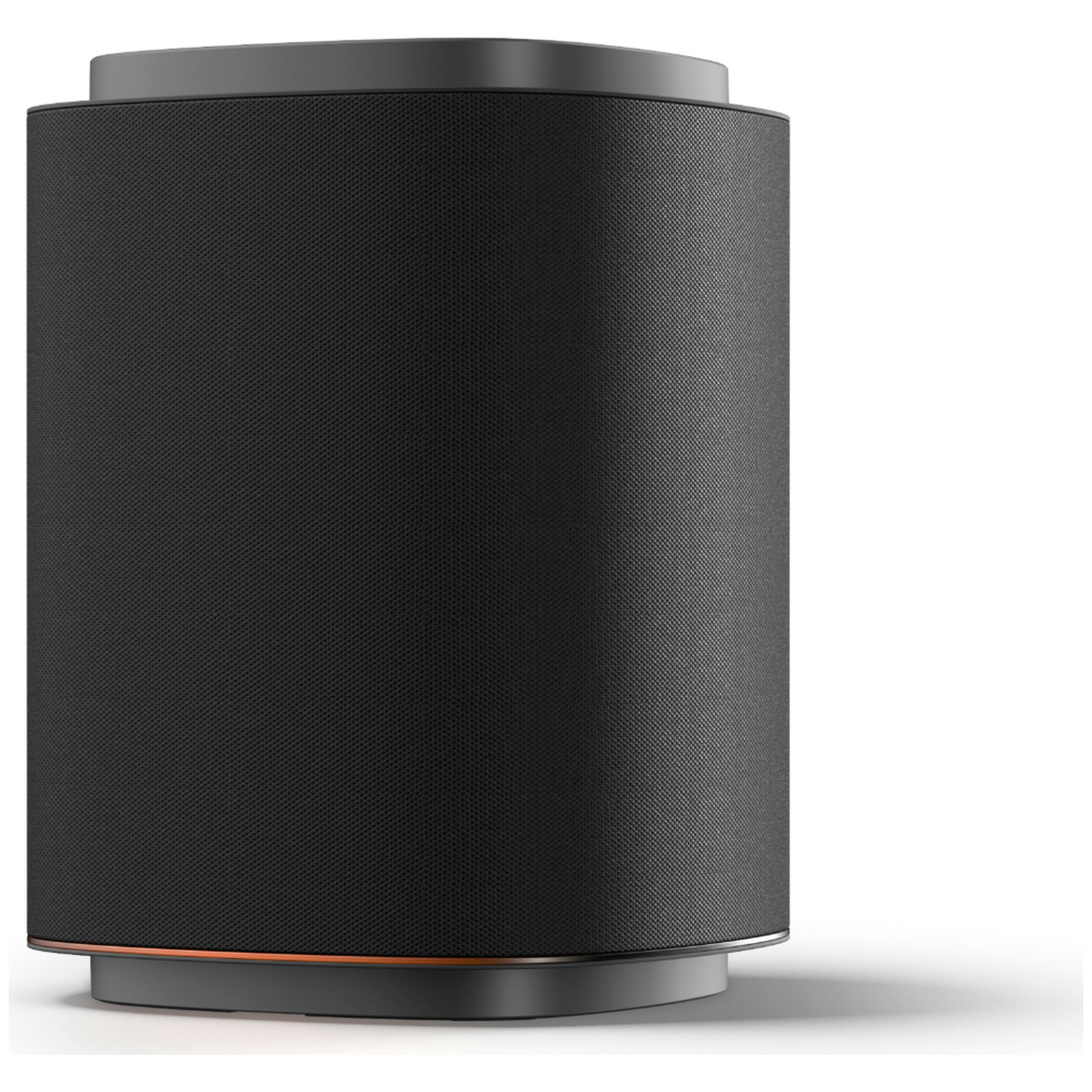 A cylindrical black speaker with a silver rim and an orange accent.