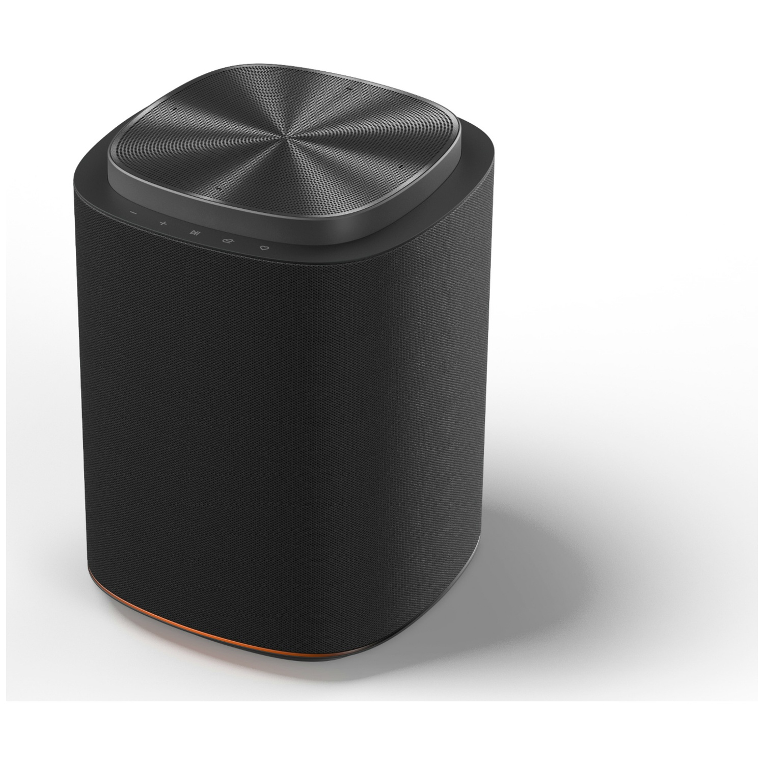 A black cylindrical speaker with a textured top and a copper accent at the base.