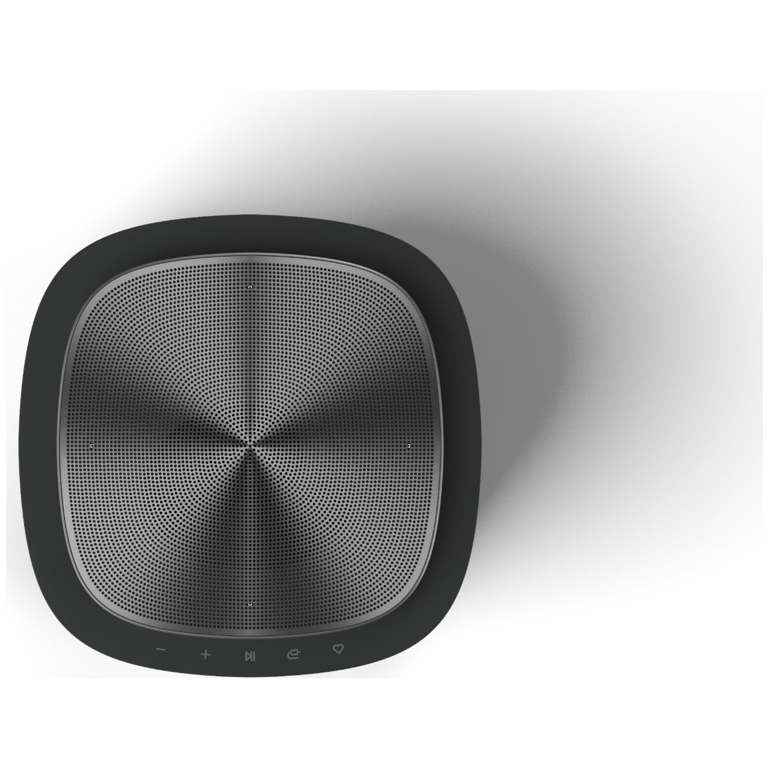 A dark, round speaker with a silver top and control buttons.