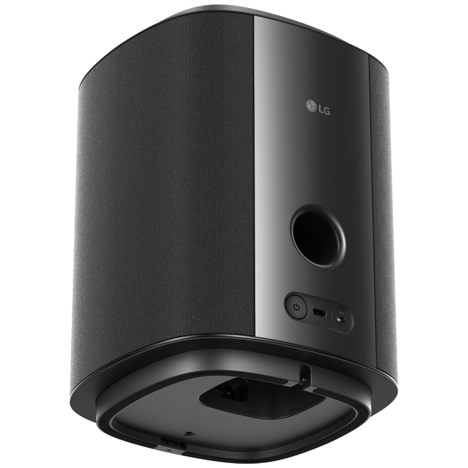 A black LG subwoofer with round openings and control buttons.