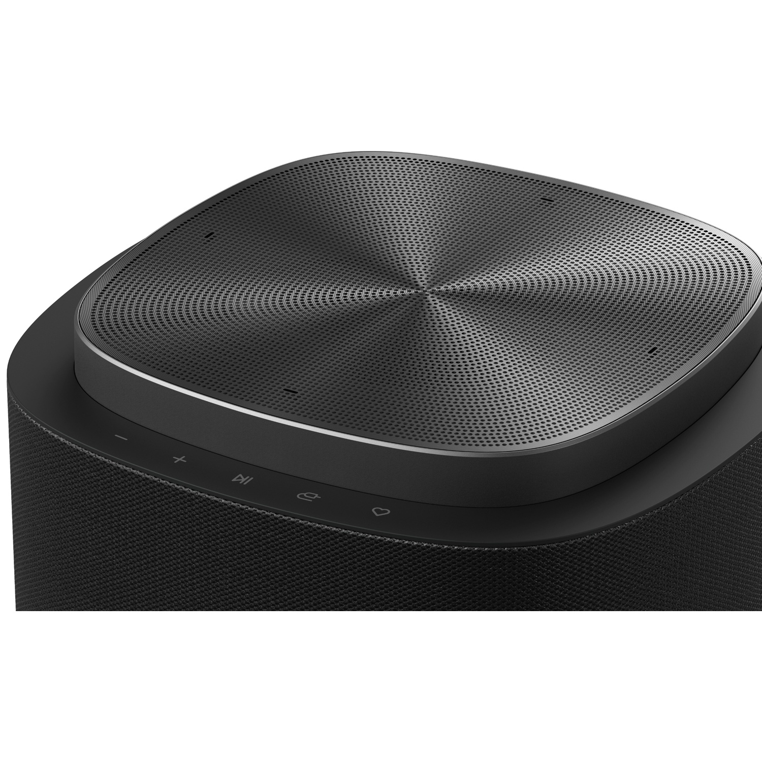 Close-up of a black speaker with a perforated top and control buttons.