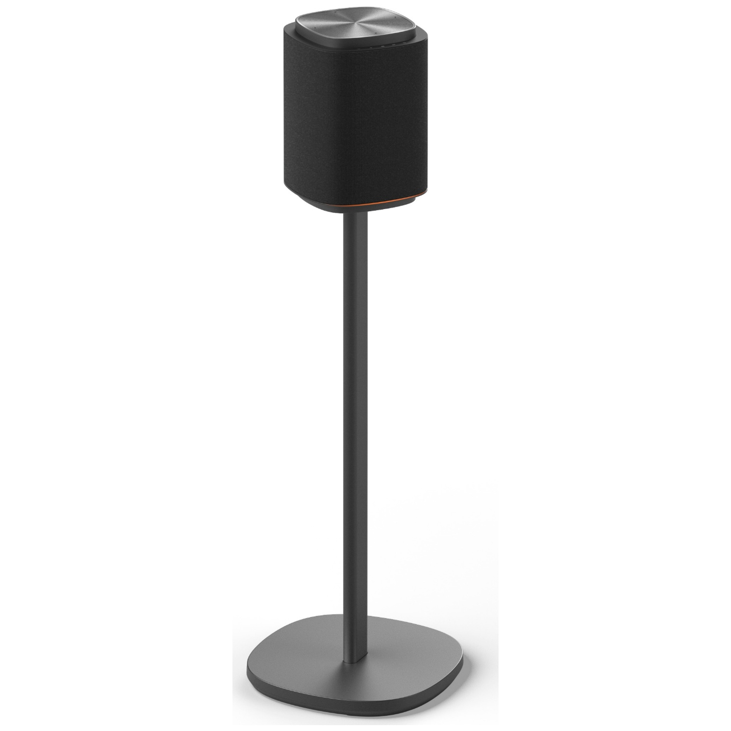 A black speaker on a slim, dark stand against a white background.