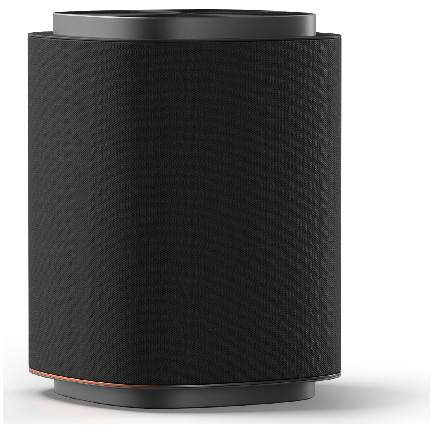 A black cylindrical speaker with a copper ring accent.