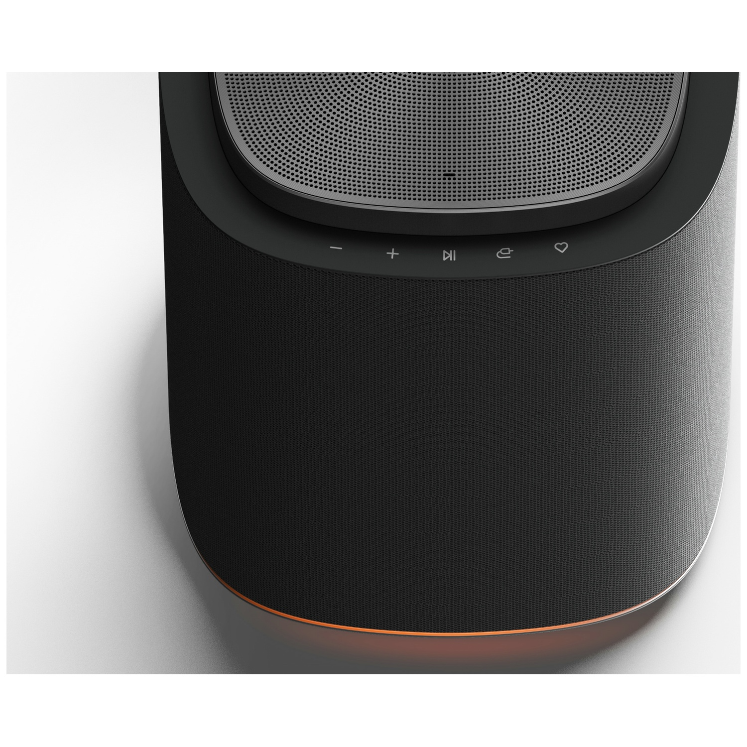 Black speaker with touch controls and illuminated base.