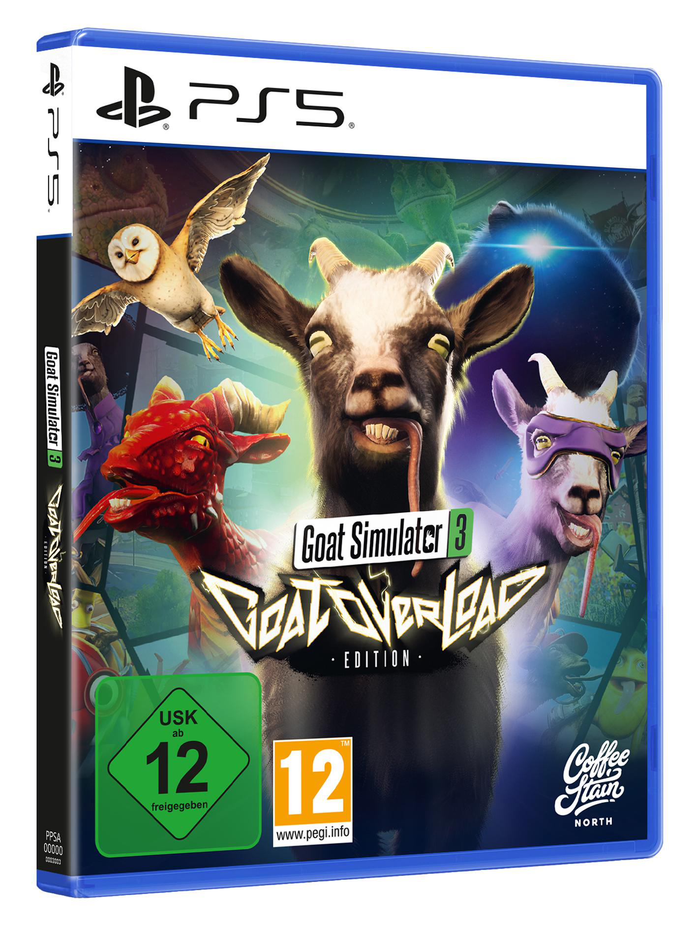 PS5 Spielhülle mit Ziegen, einem Drachen und einer Eule. USK 12 Freigabe.