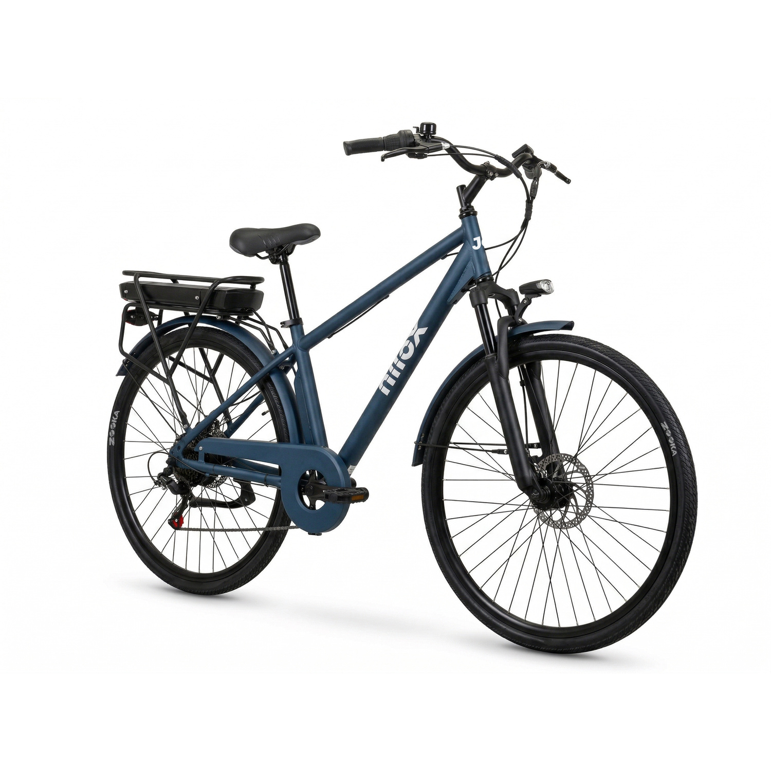 Una bicicletta elettrica blu scuro con batteria sul portapacchi, su sfondo bianco.
