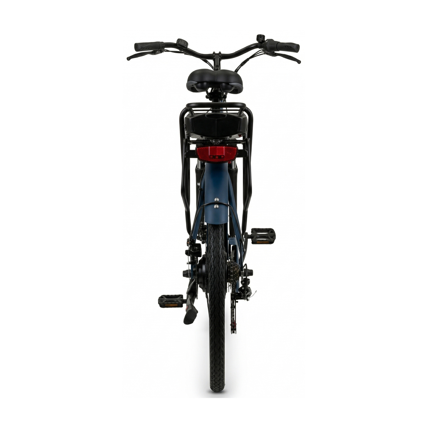 Vista posteriore di una e-bike blu con portapacchi e fanale posteriore rosso.