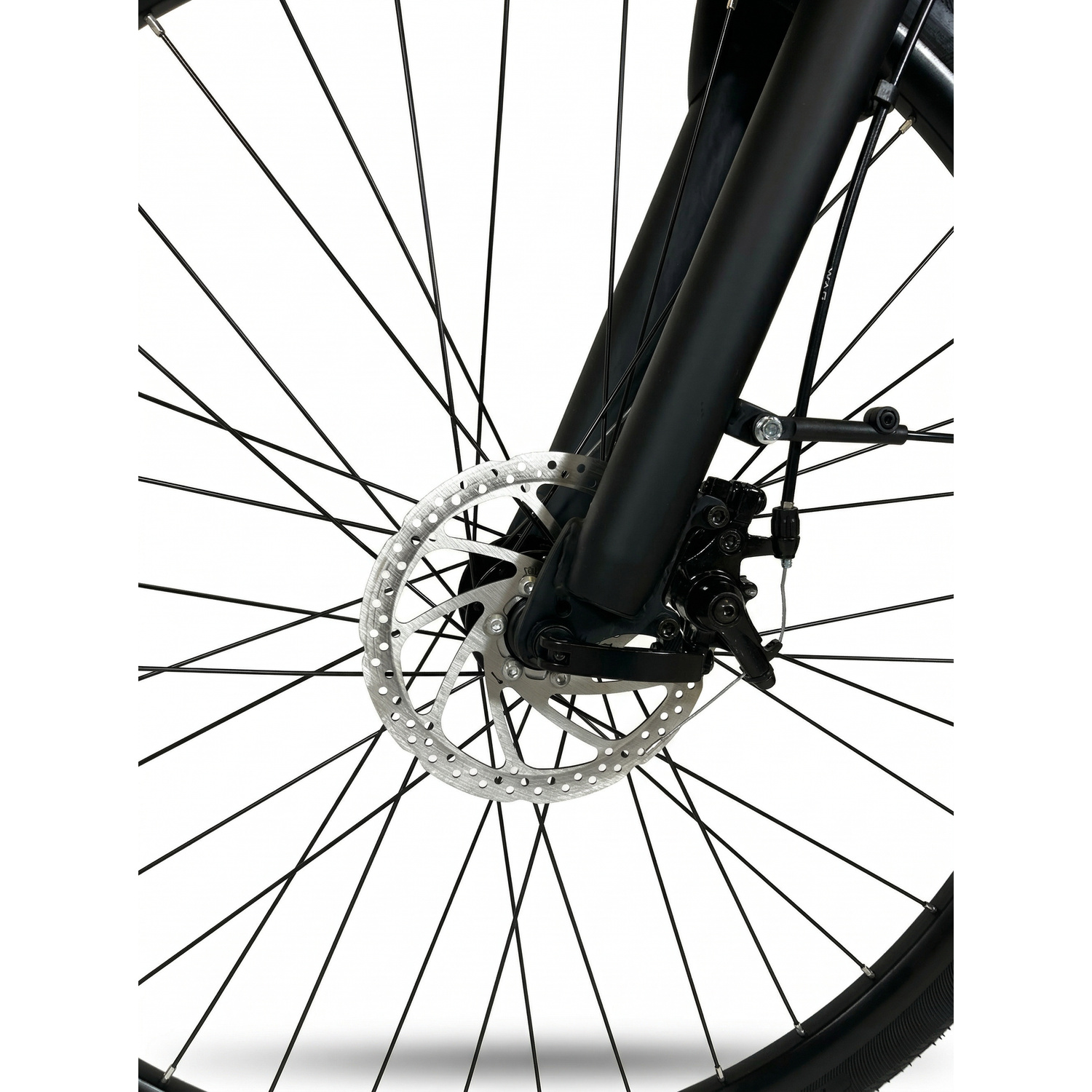 Primo piano della ruota anteriore di una bicicletta nera con freno a disco e forcella.