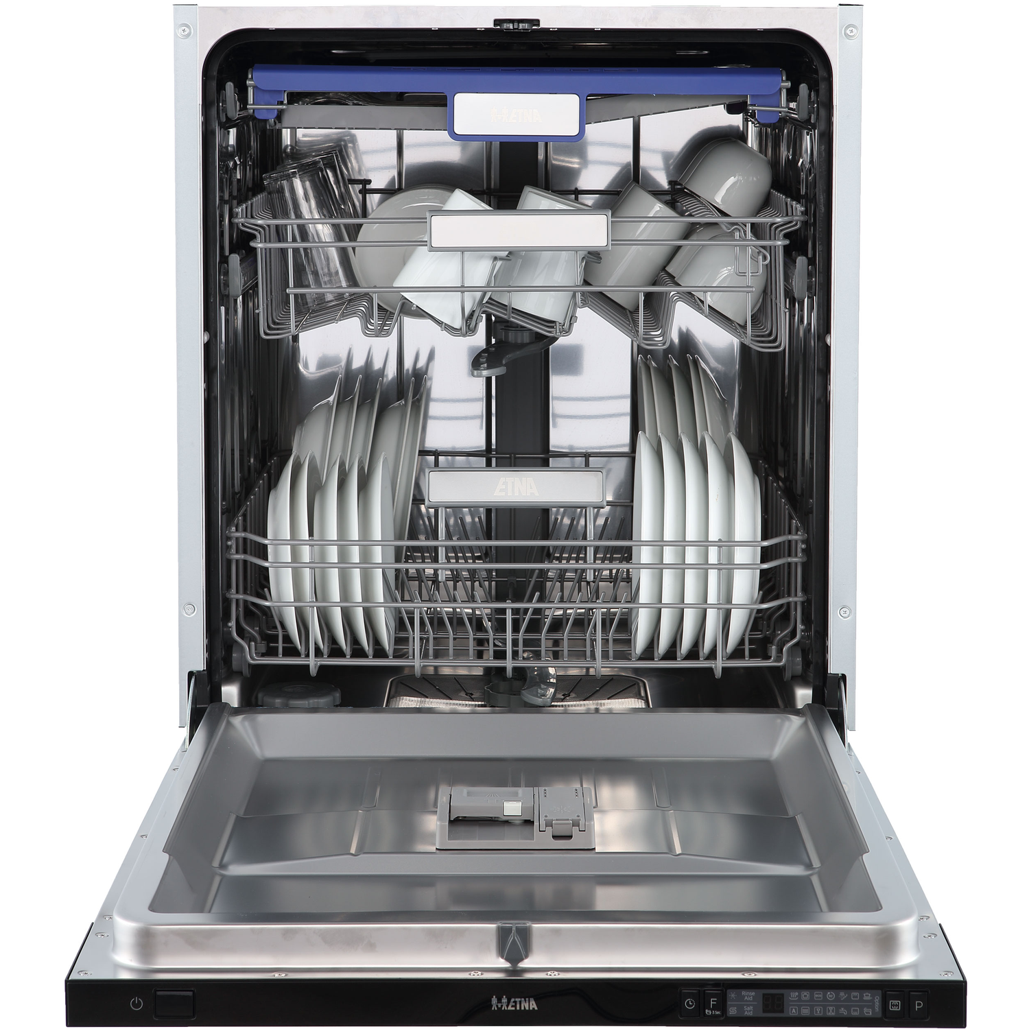 An open dishwasher with two racks filled with plates, glasses, and cups.
