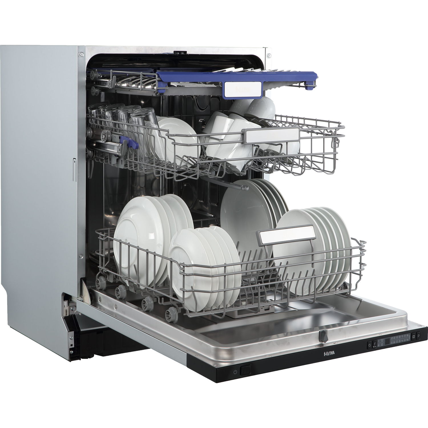 An open, silver dishwasher with two racks, loaded with plates, glasses, and cups.