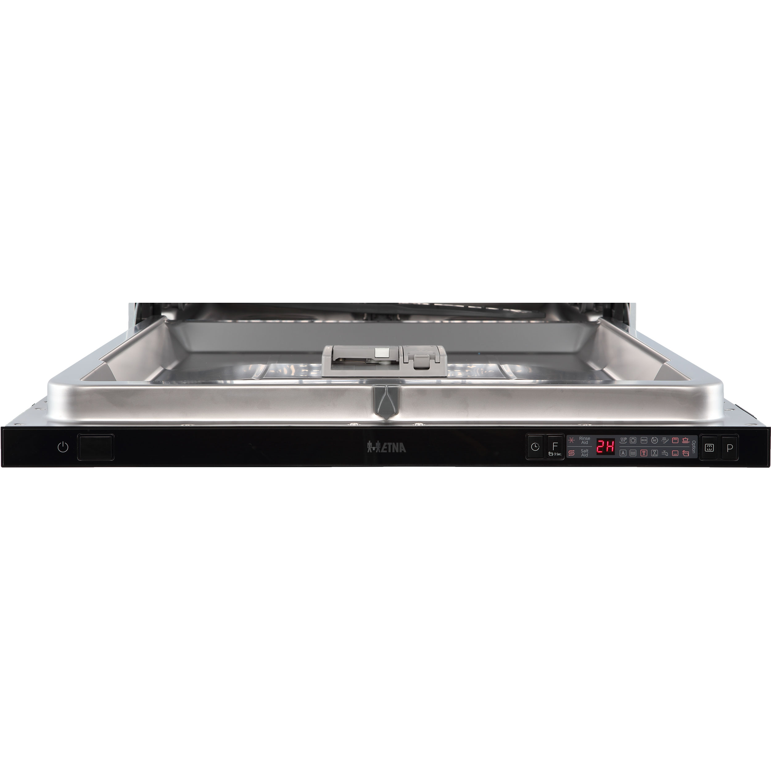 Open dishwasher with silver interior and black control panel.