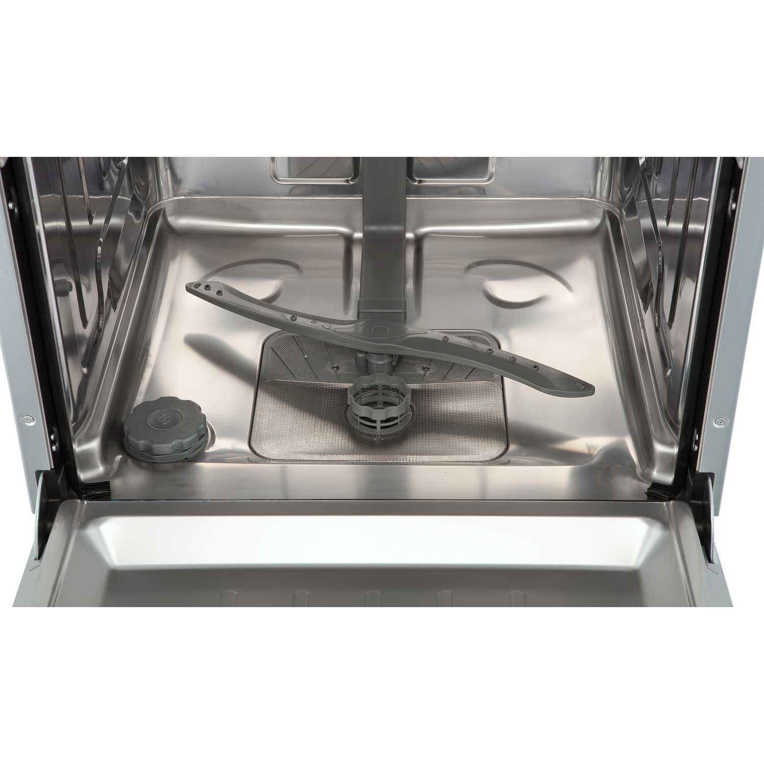Interior of a clean, empty dishwasher with a spray arm and filter.