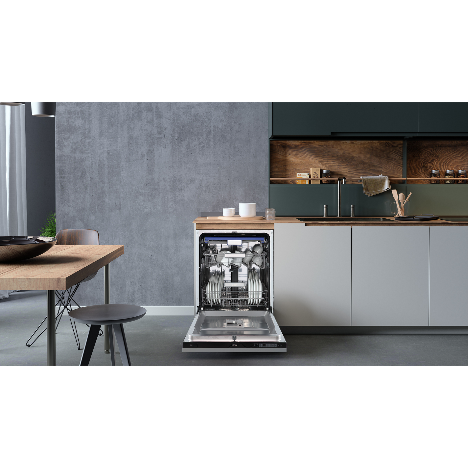 An open dishwasher filled with dishes in a modern kitchen.