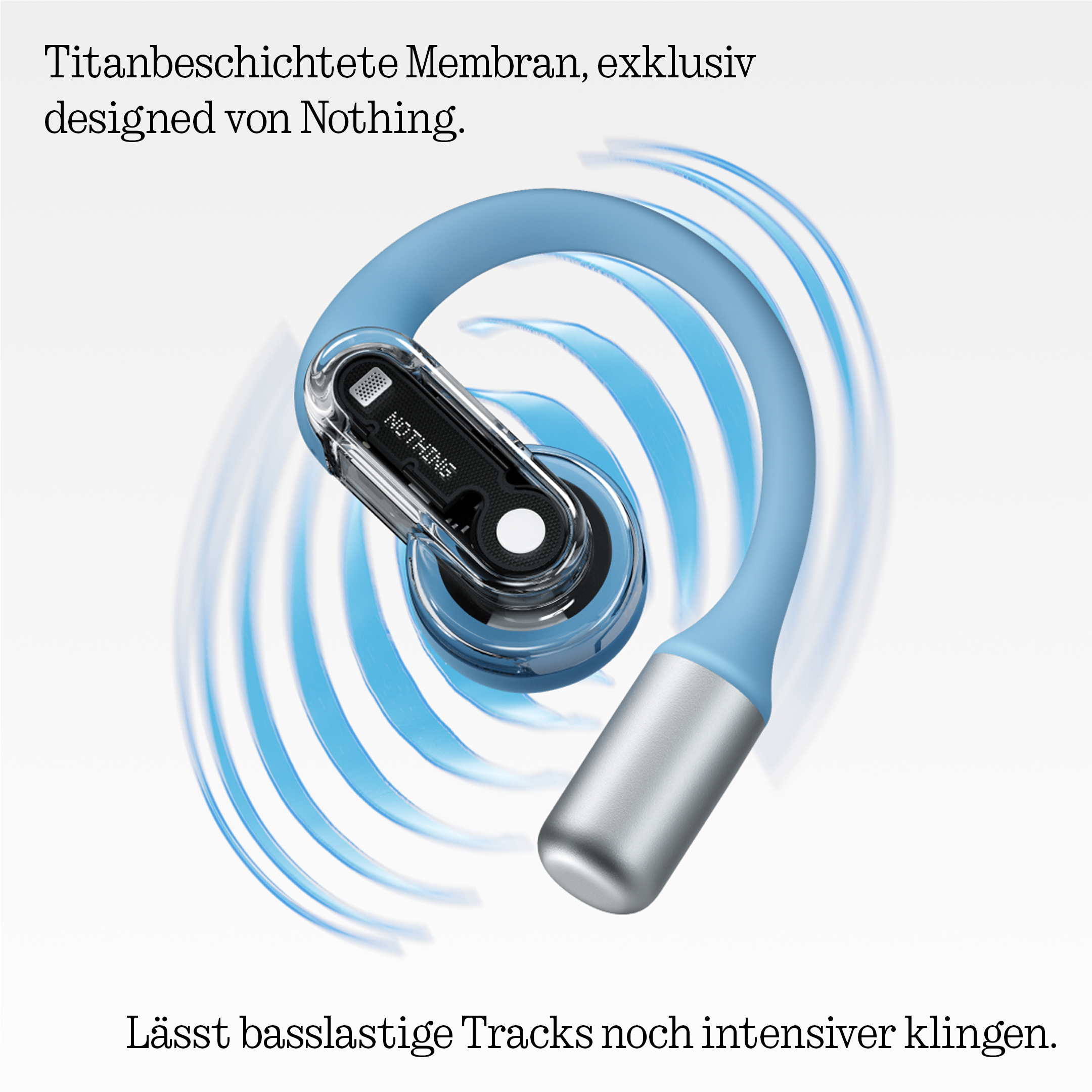 Ein blaues Nothing Ear (stick) mit silbernem Ende, umgeben von Wellen.