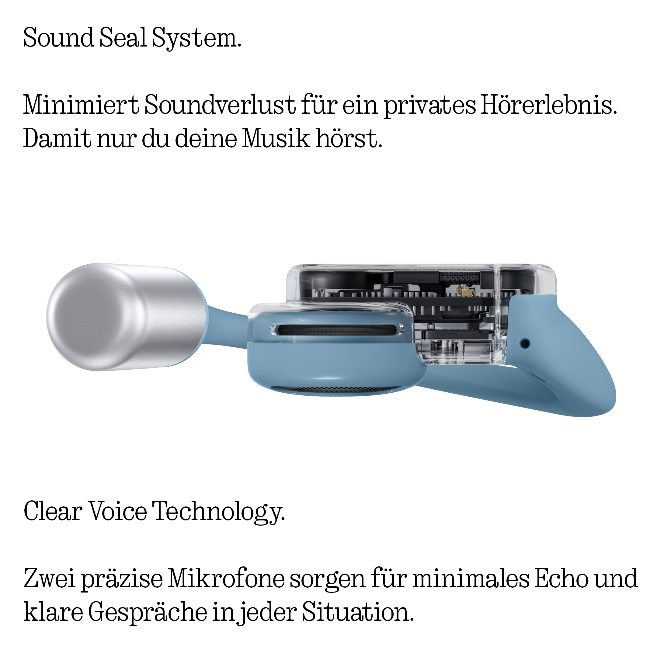 Nahaufnahme von blauen Kopfhörern mit silbernem Ende.