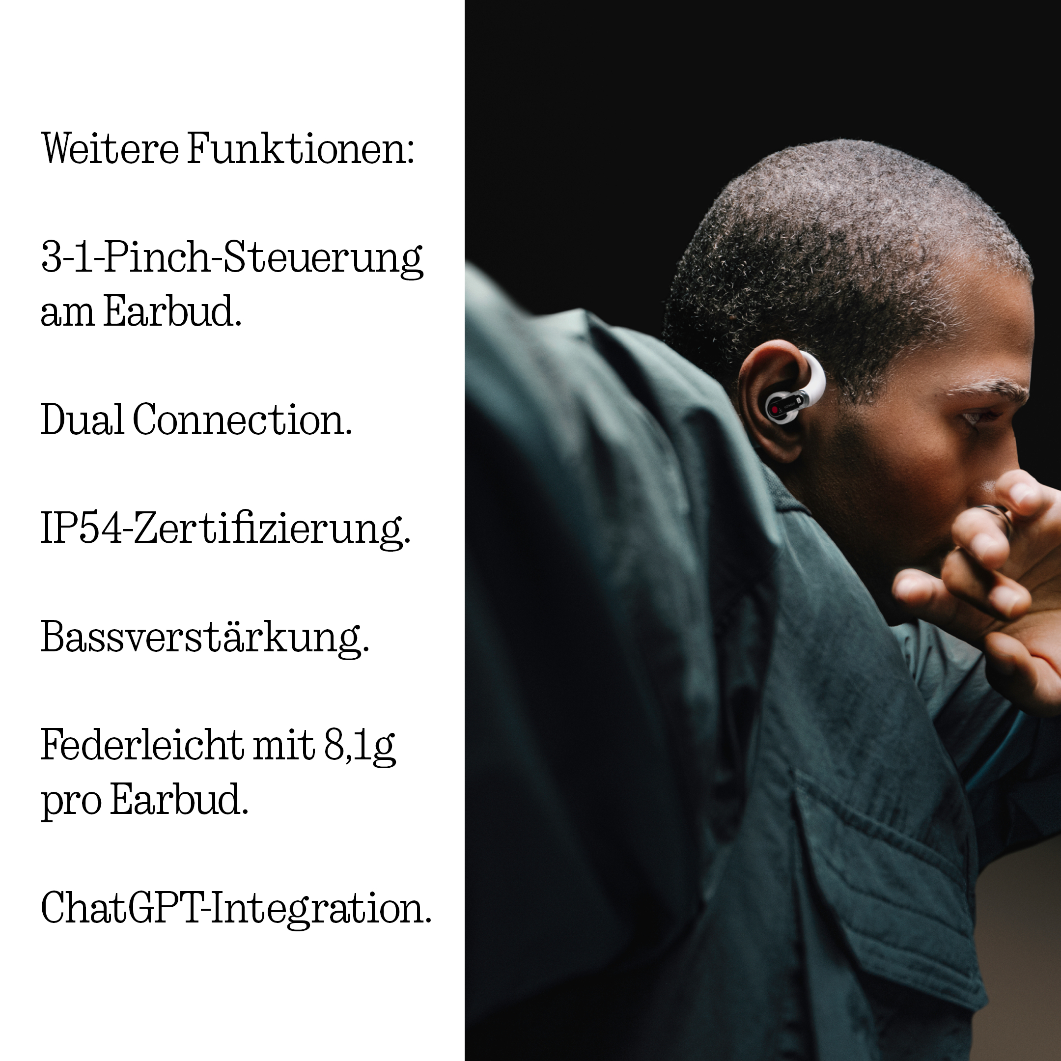 Mann mit weißem Earbud im Ohr, daneben Liste mit Funktionen auf Deutsch.
