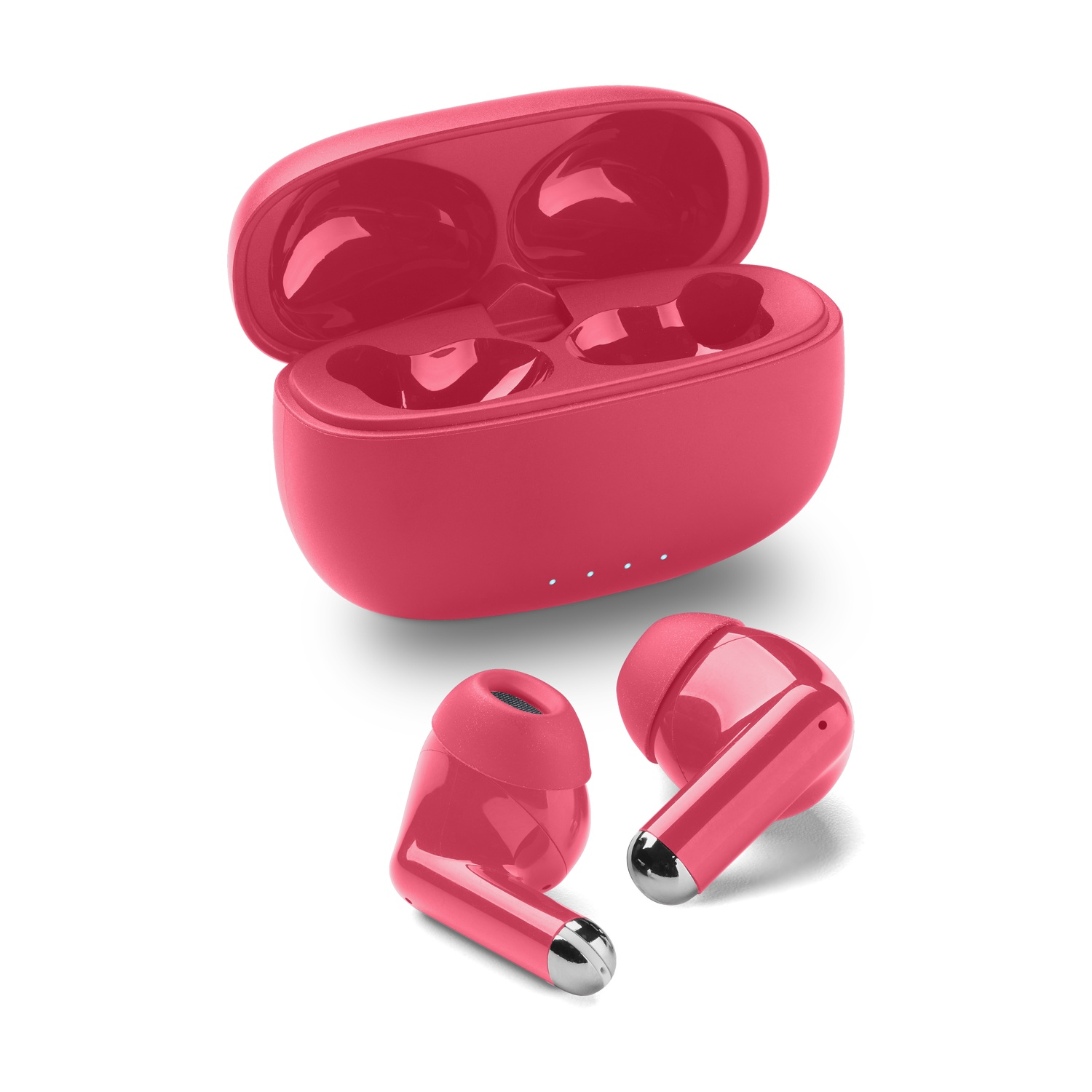 Una custodia di ricarica per auricolari wireless rosa con due auricolari accanto.