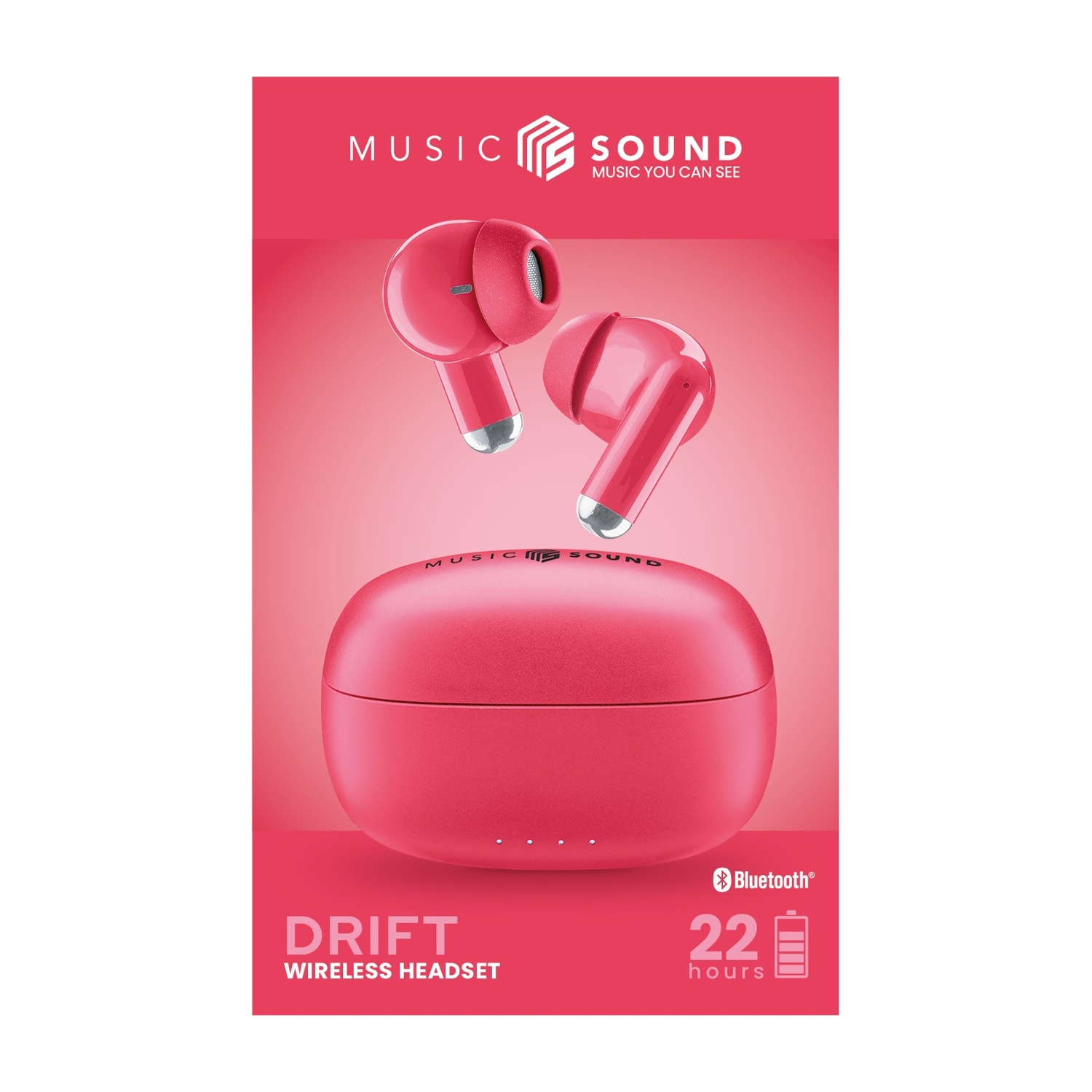 Una coppia di auricolari wireless rosso vivo fluttua sopra una custodia di ricarica rossa.