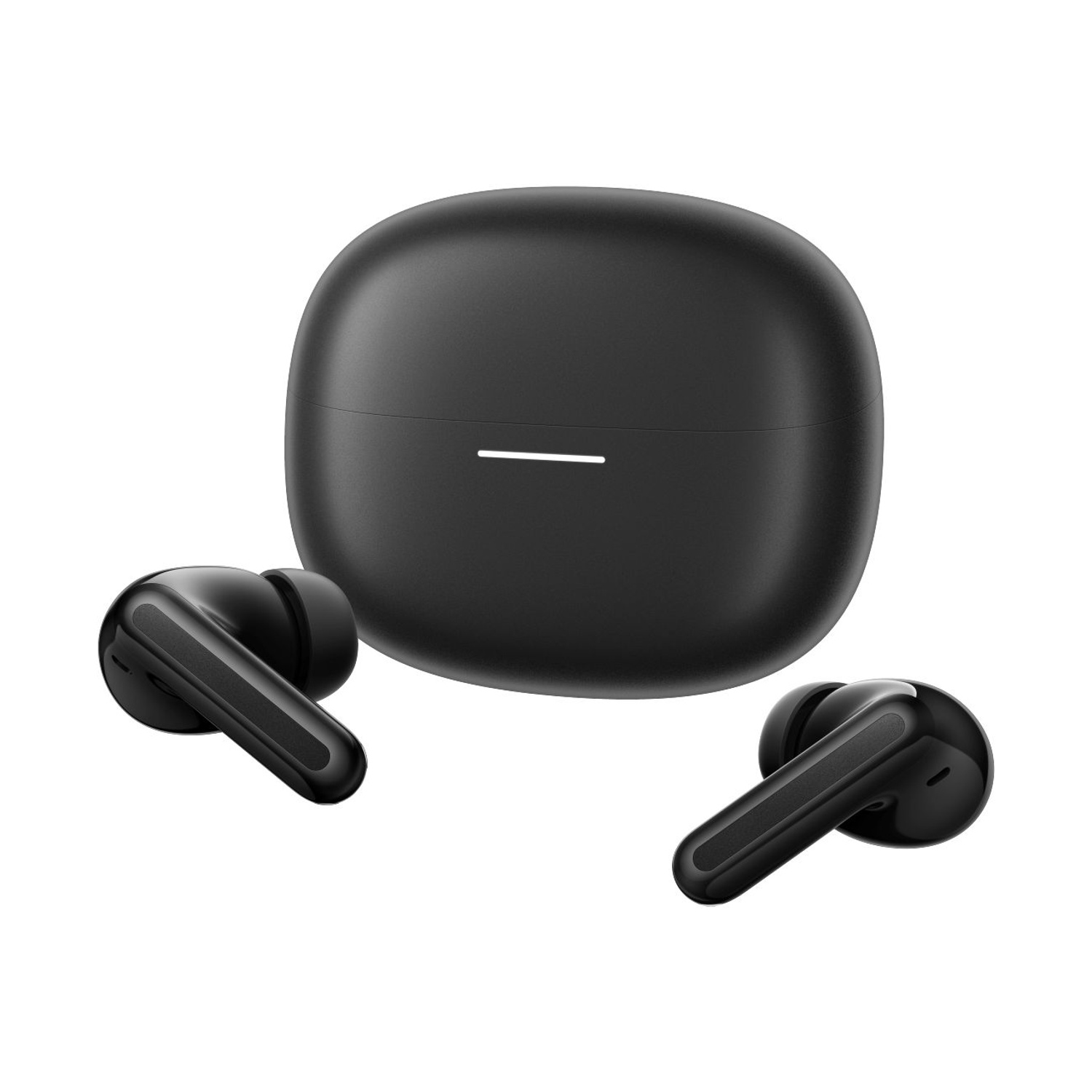 Auricolari wireless neri e custodia di ricarica su sfondo bianco.