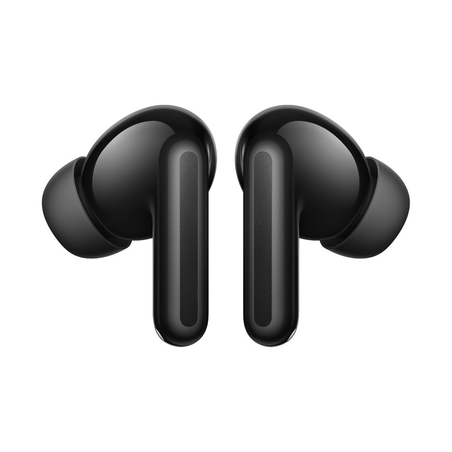Due auricolari wireless neri lucidi uno accanto all'altro su sfondo bianco.