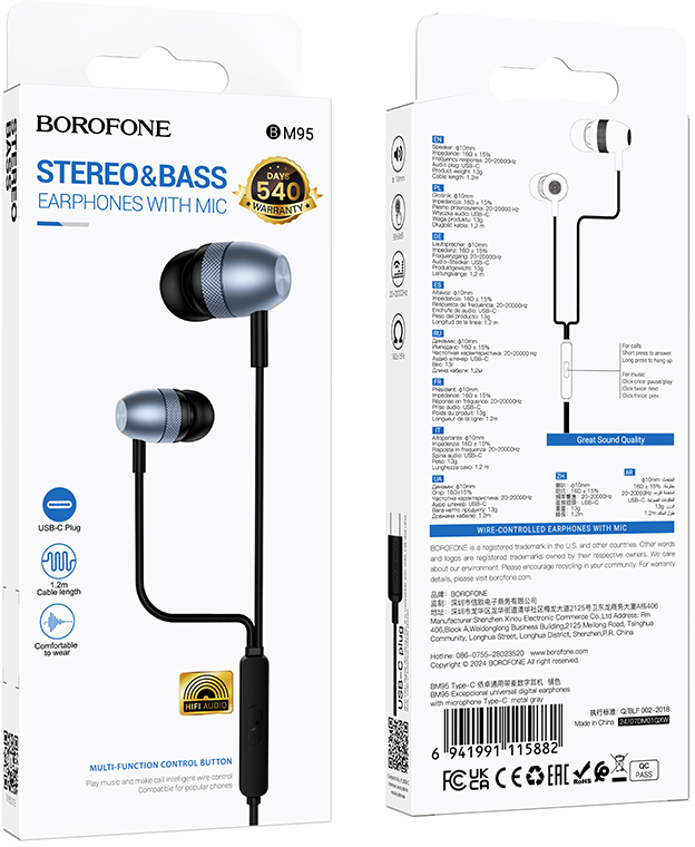 Borofone M95 Stereo & Bass fülhallgató mikrofonnal, USB-C, szürke. 540 nap garancia.