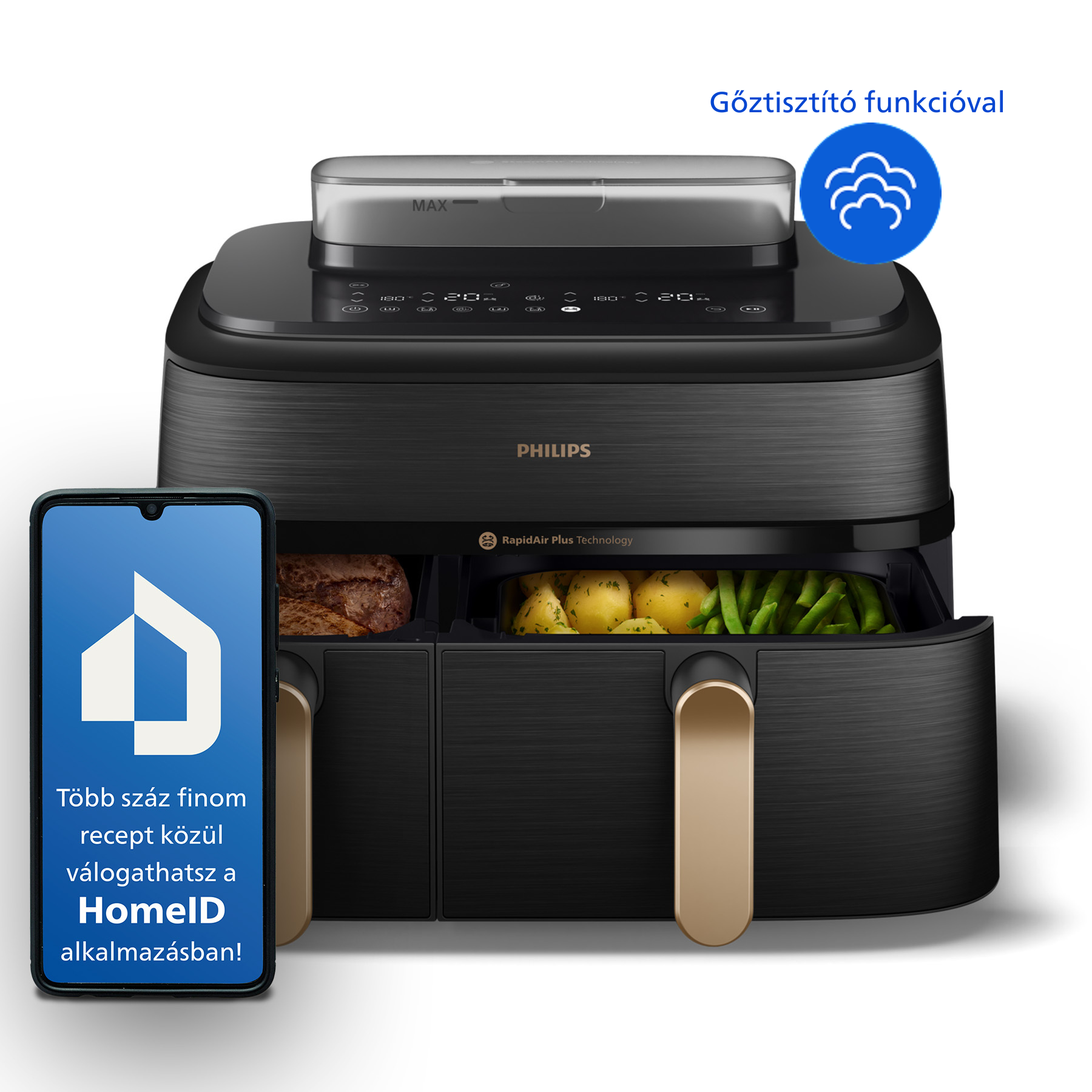 PHILIPS 5000 Series NA552/00 Airfryer 9 l dupla kosaras forrólevegős sütő gőzölés funkcióval