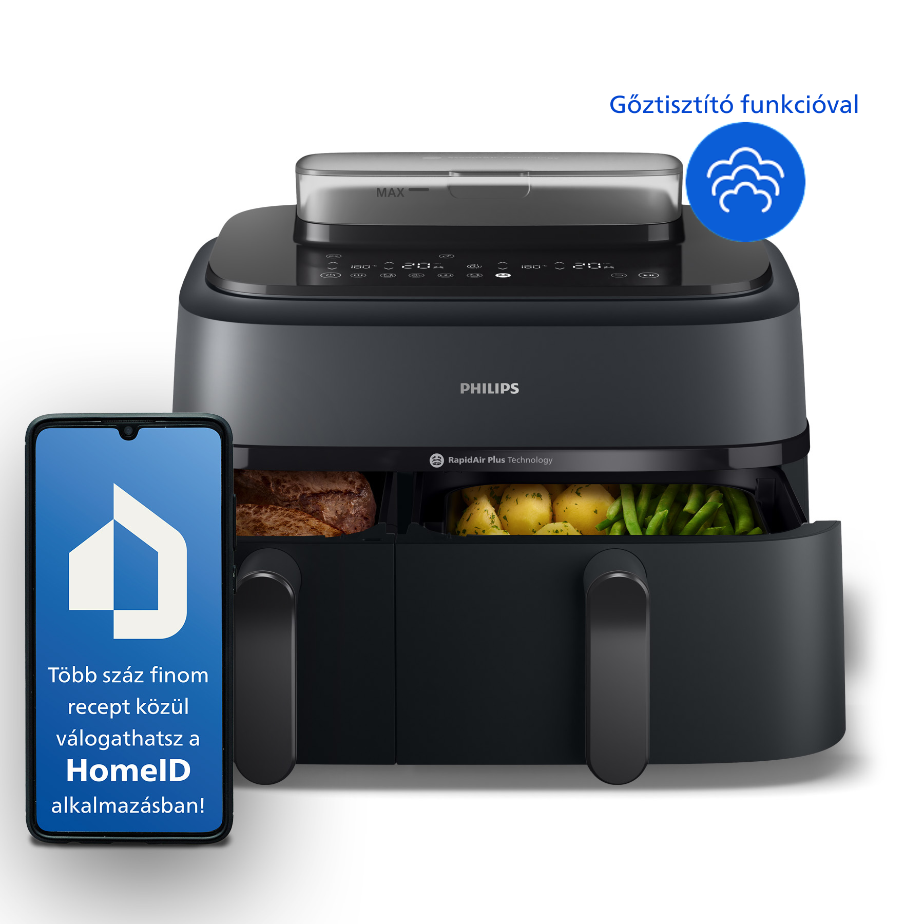 PHILIPS 5000 Series NA550/00 Airfryer 9 l dupla kosaras forrólevegős sütő gőzölés funkcióval
