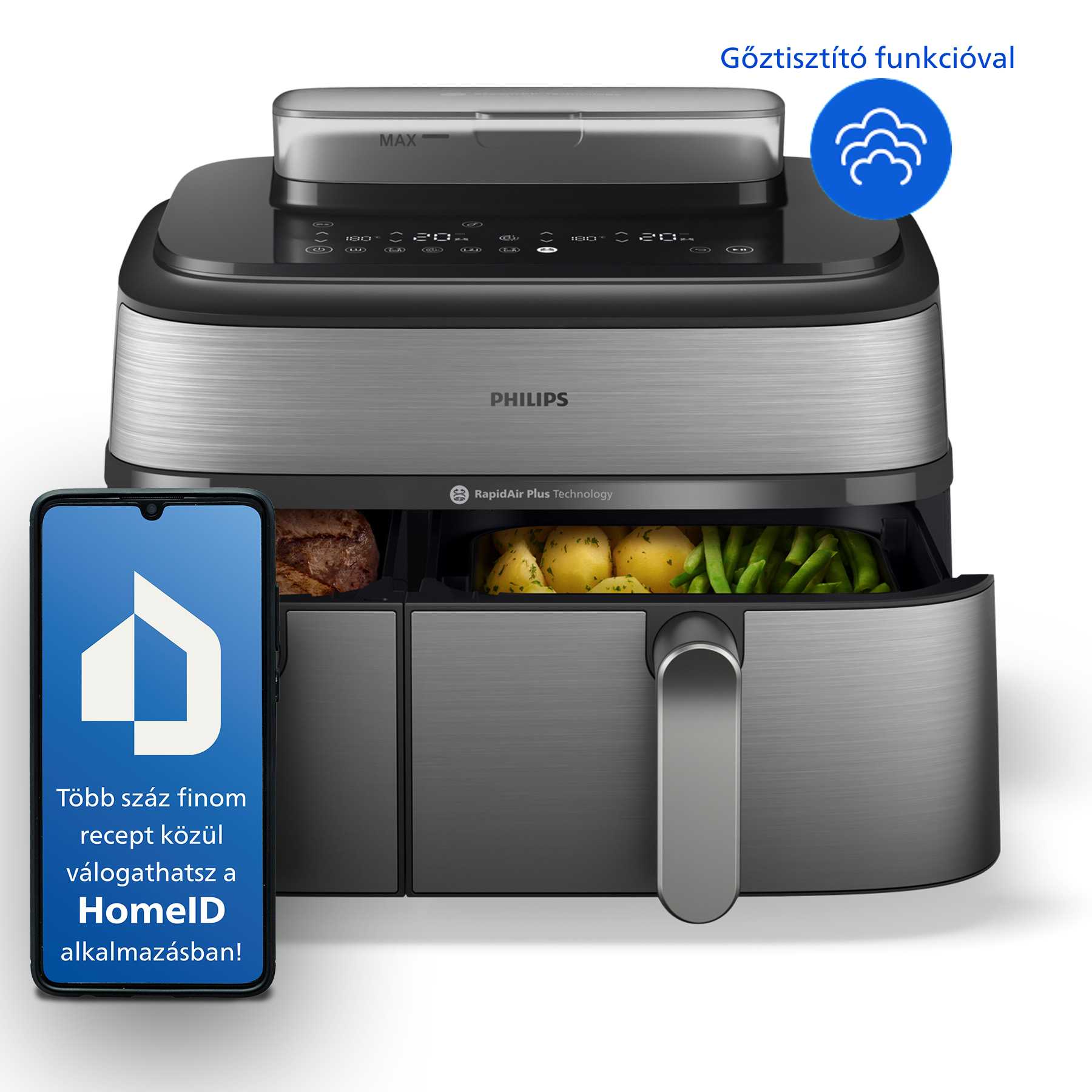 PHILIPS NA555/00 SteamFry+ Dual 9L airfryer gőzsütés funkcióval