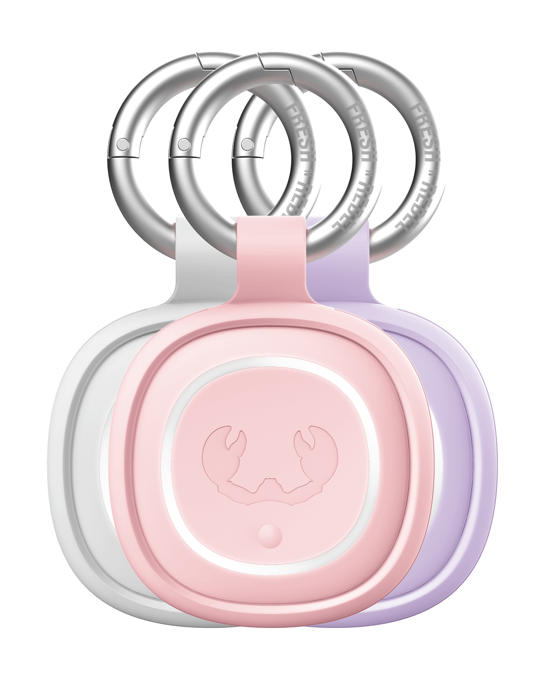 Drei Schlüsselanhänger mit Krabbenemblem in Rosa, Lila und Weiß mit silbernen Ringen.