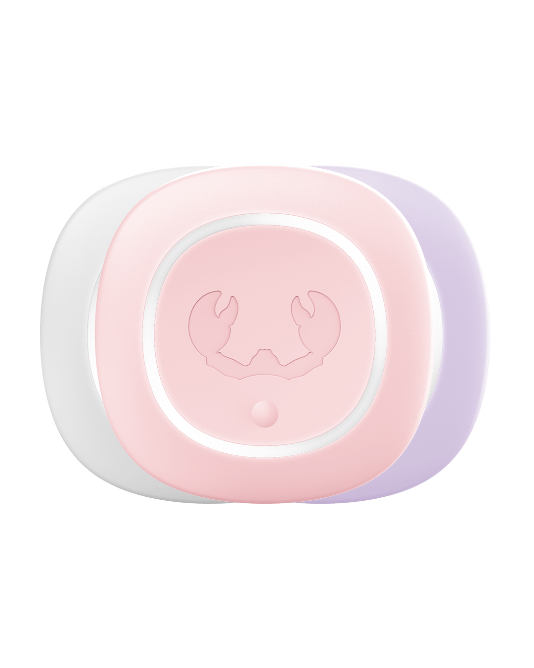 Ein rosa Schnuller mit einem Krebsmotiv und lila und weißen Hintergründen.