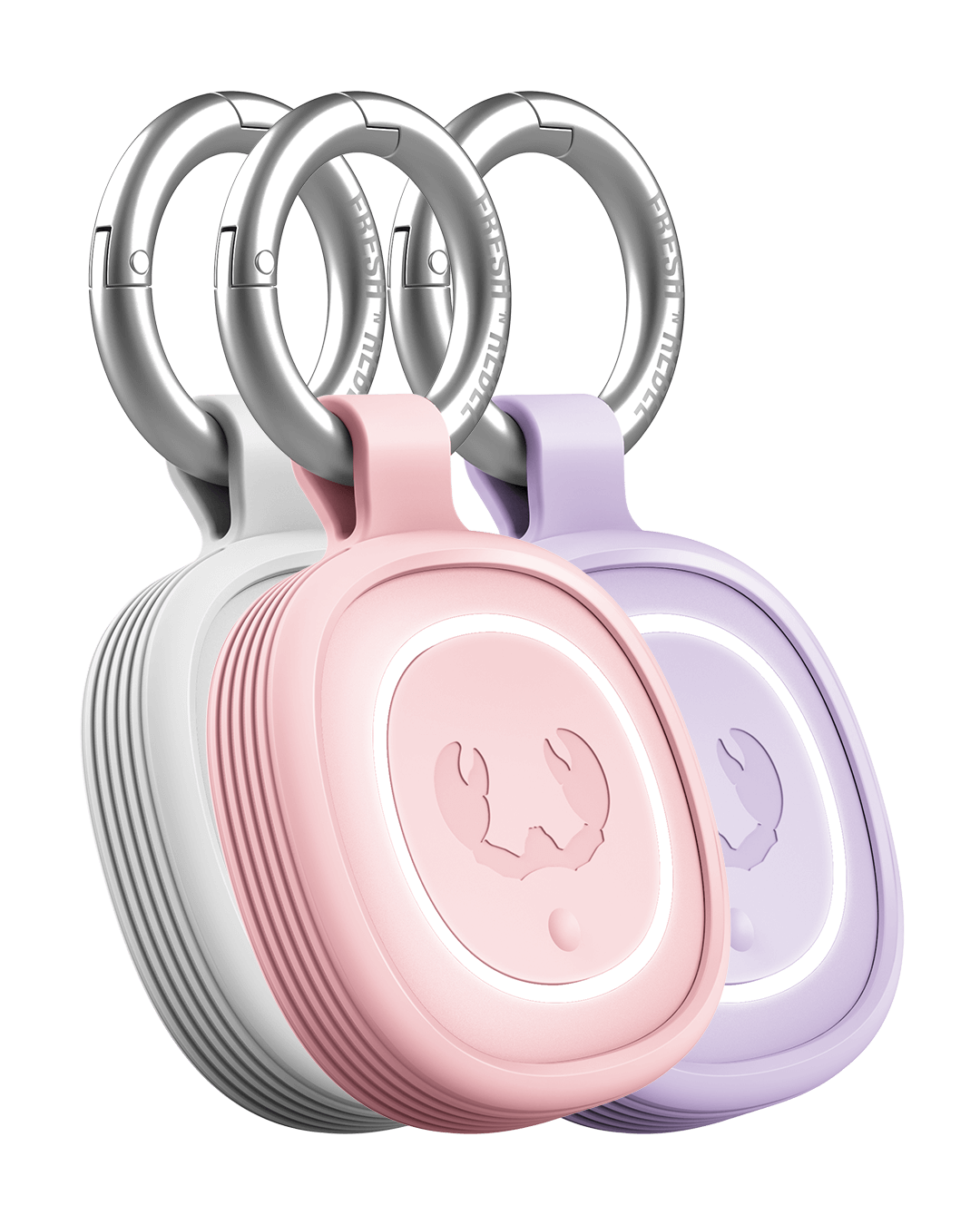 Drei Schlüsselanhänger in Weiß, Rosa und Lila mit Metallringen.