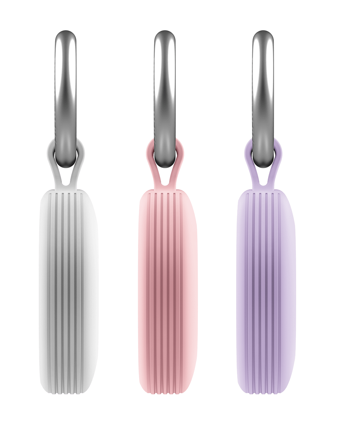 Drei riemenförmige Gegenstände in Weiß, Rosa und Lila mit silbernen Schlaufen.